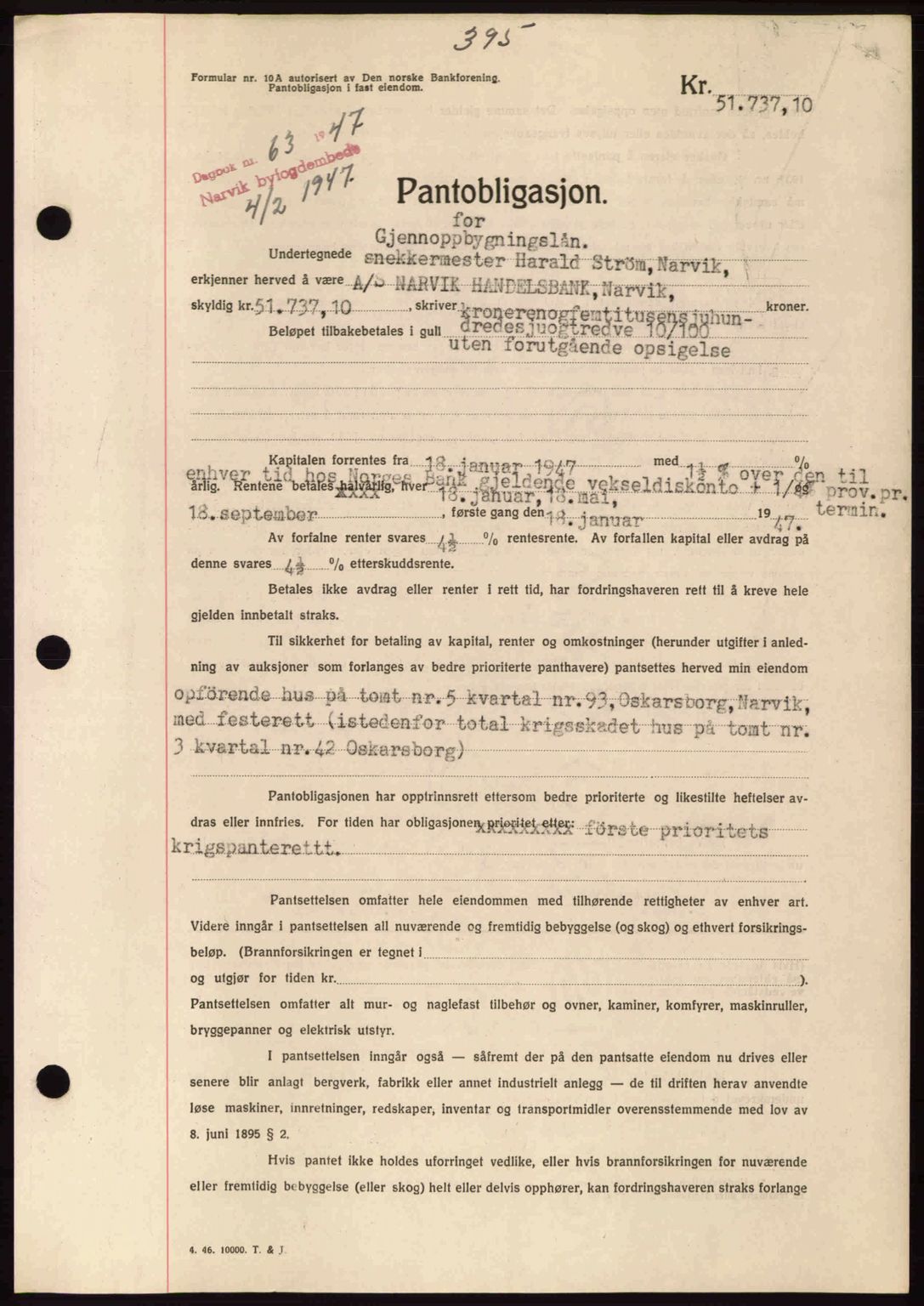 Narvik sorenskriveri, SAT/A-0002/1/2/2C/2Ca: Mortgage book no. A21, 1946-1947, Diary no: : 63/1947