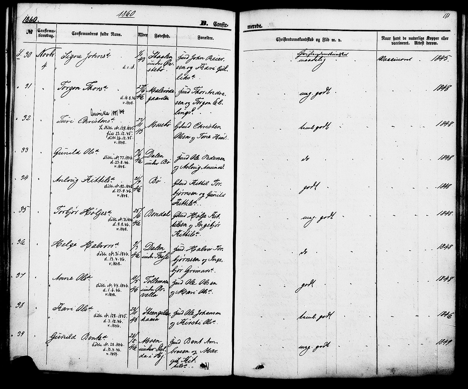 Hjartdal kirkebøker, AV/SAKO-A-270/F/Fa/L0009: Parish register (official) no. I 9, 1860-1879, p. 181