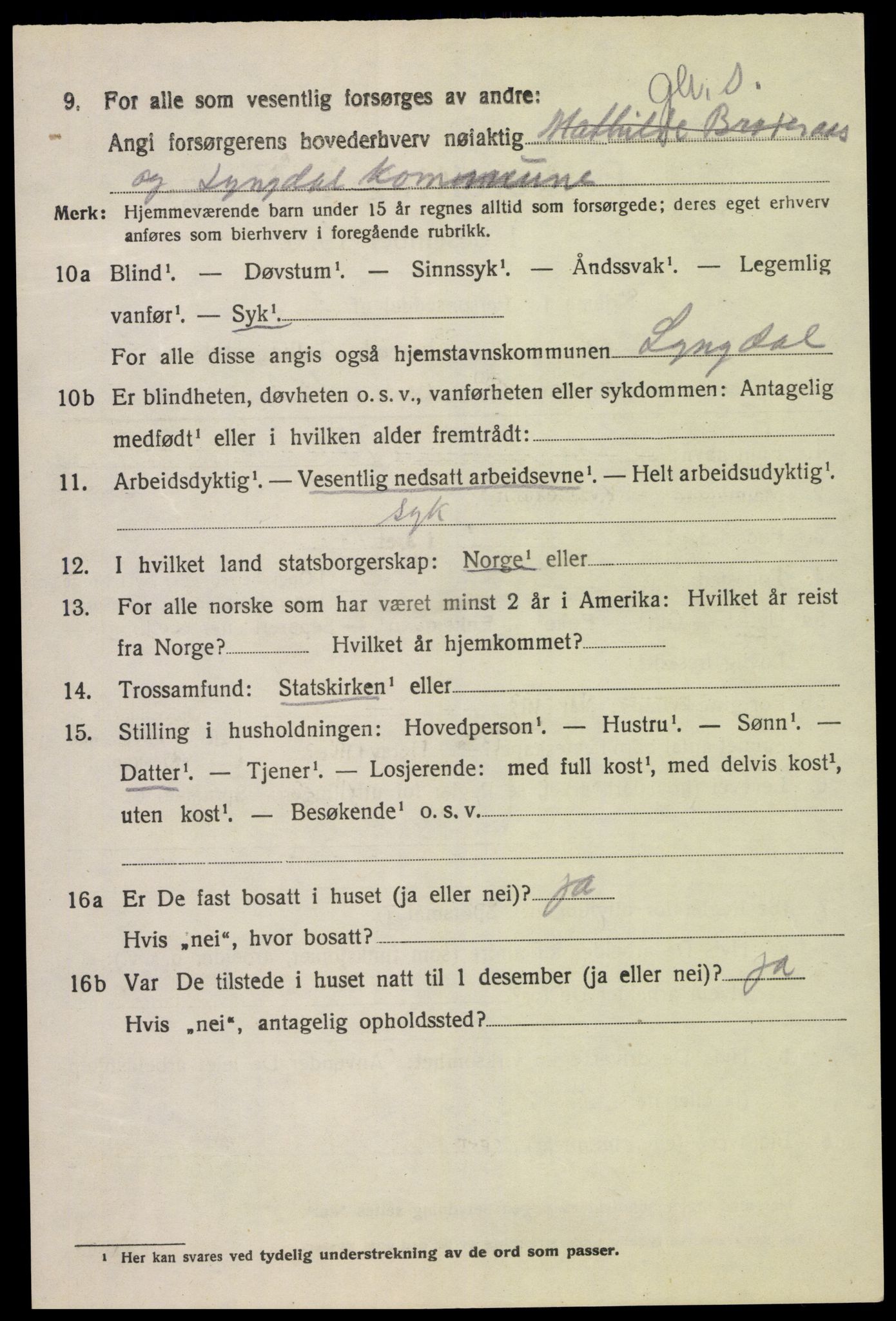 SAK, 1920 census for Lyngdal, 1920, p. 6054