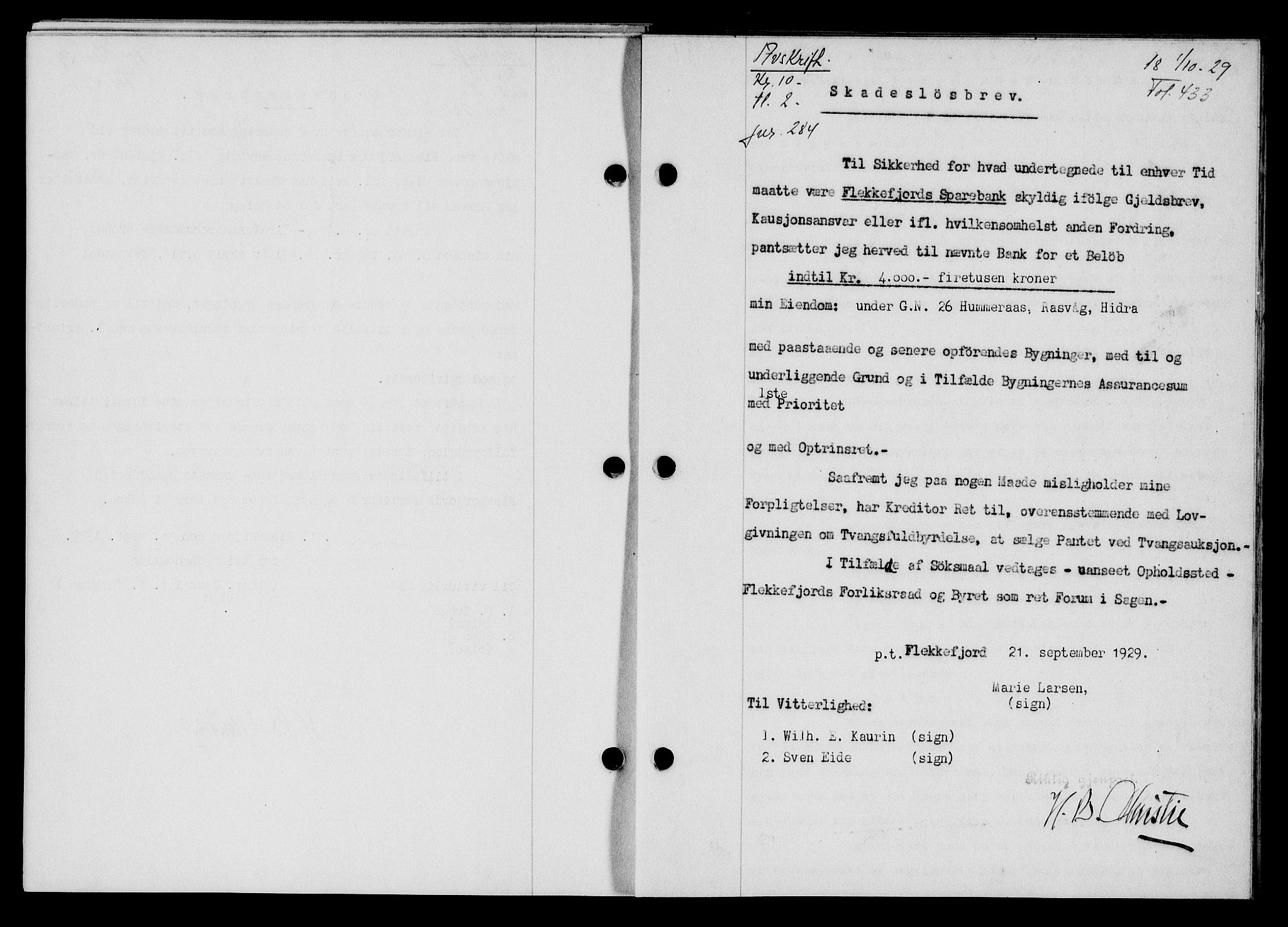 Flekkefjord sorenskriveri, SAK/1221-0001/G/Gb/Gba/L0045: Mortgage book no. 43, 1929-1930, Deed date: 01.10.1929