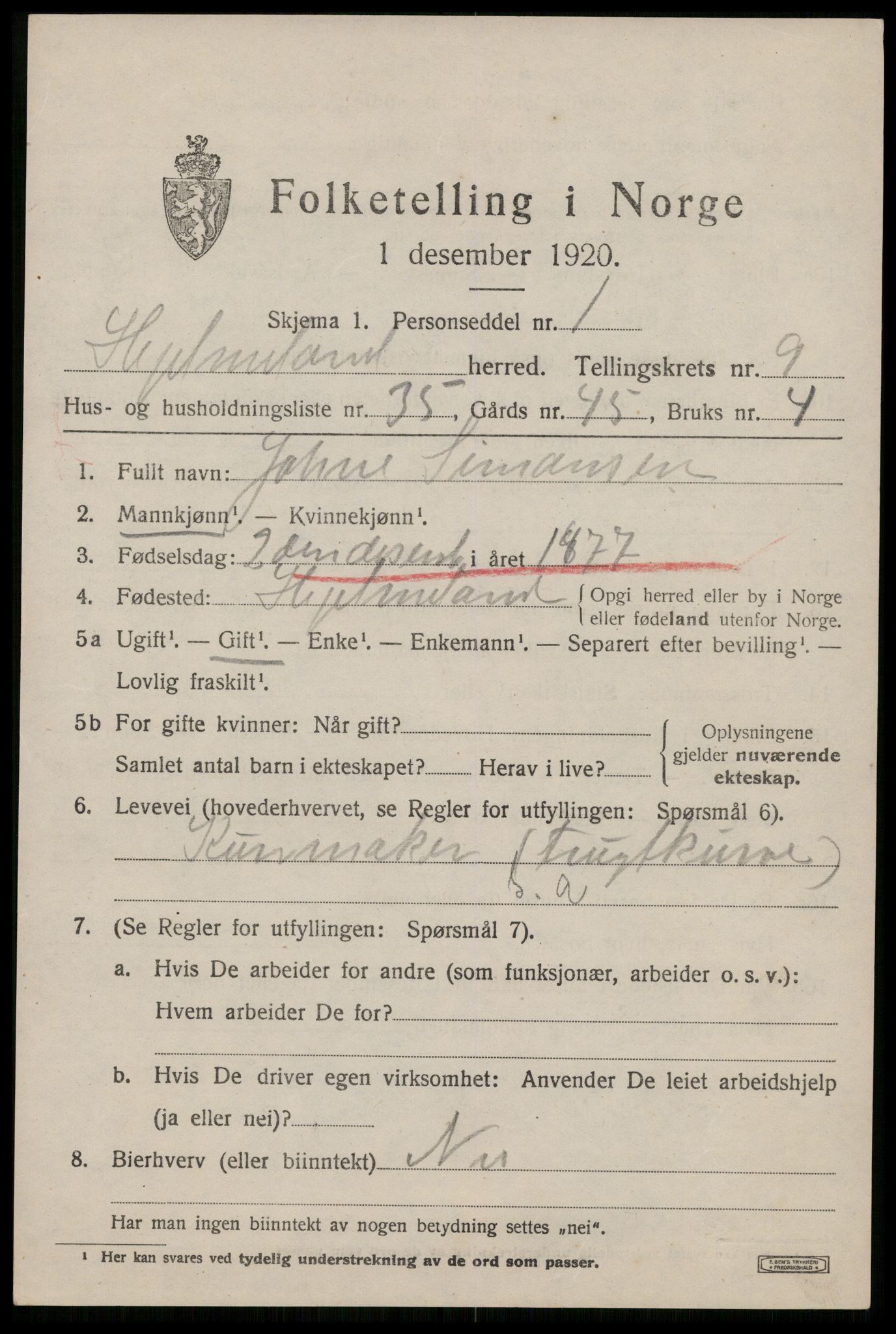 SAST, 1920 census for Hjelmeland, 1920, p. 3115