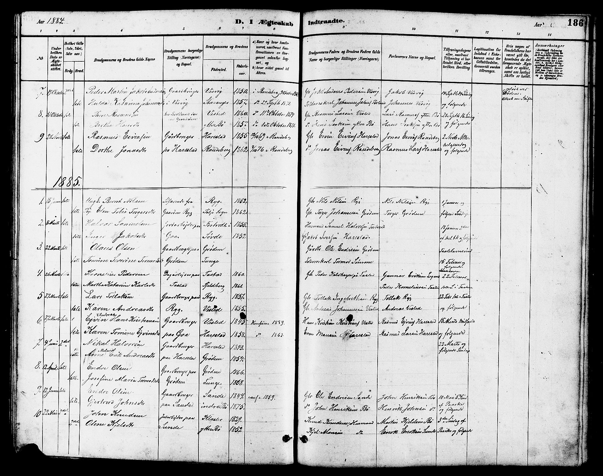 Hetland sokneprestkontor, SAST/A-101826/30/30BB/L0006: Parish register (copy) no. B 6, 1878-1921, p. 186