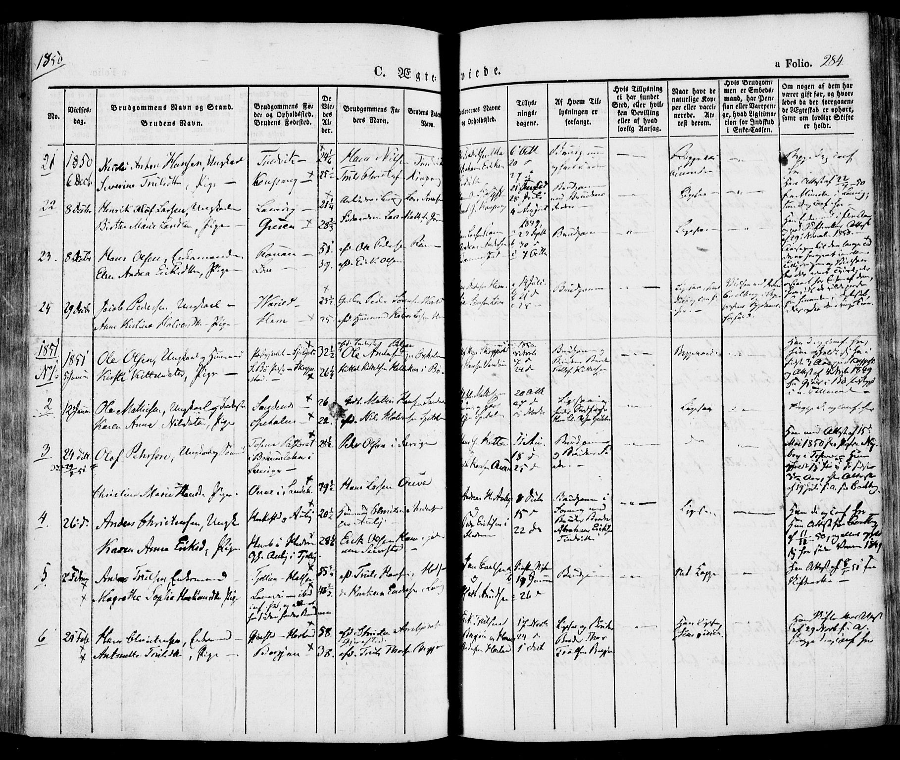 Tjølling kirkebøker, SAKO/A-60/F/Fa/L0006: Parish register (official) no. 6, 1835-1859, p. 284