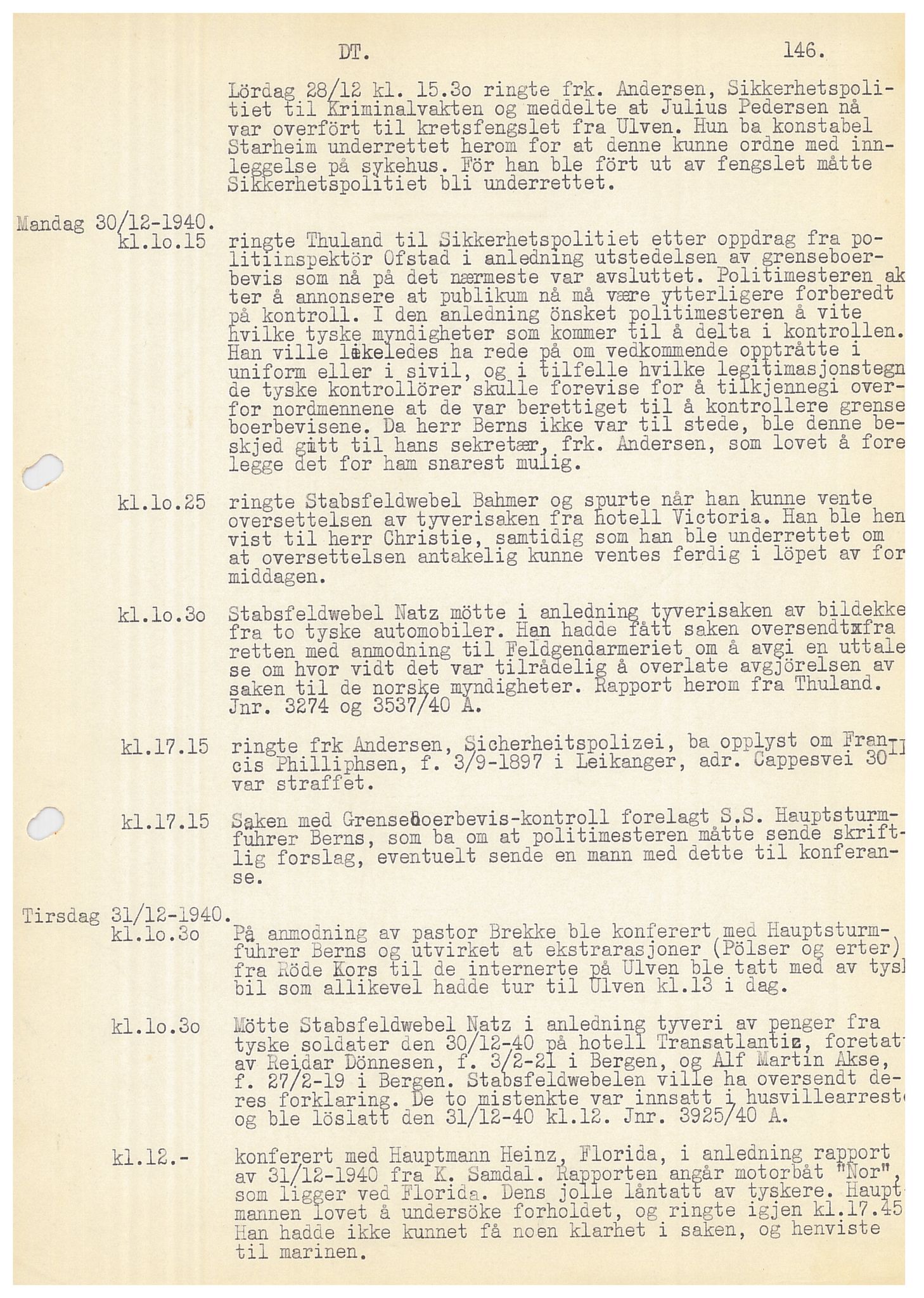 Bergen politikammer / politidistrikt, SAB/A-60401/Y/Ye/L0001: Avskrift av krigsdagbok av Dankert Thuland, 1940-1941, p. 146