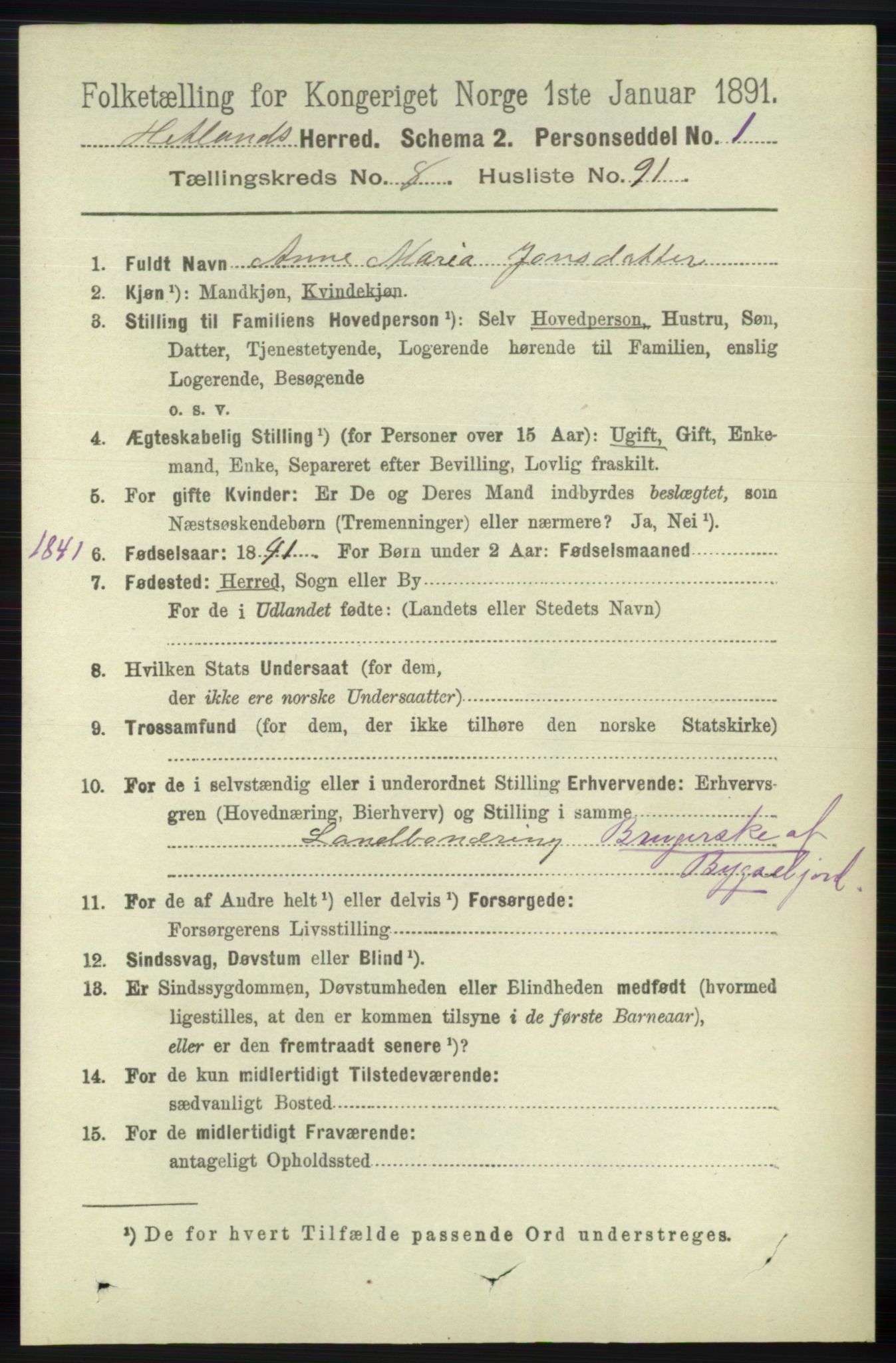 RA, 1891 census for 1126 Hetland, 1891, p. 4996