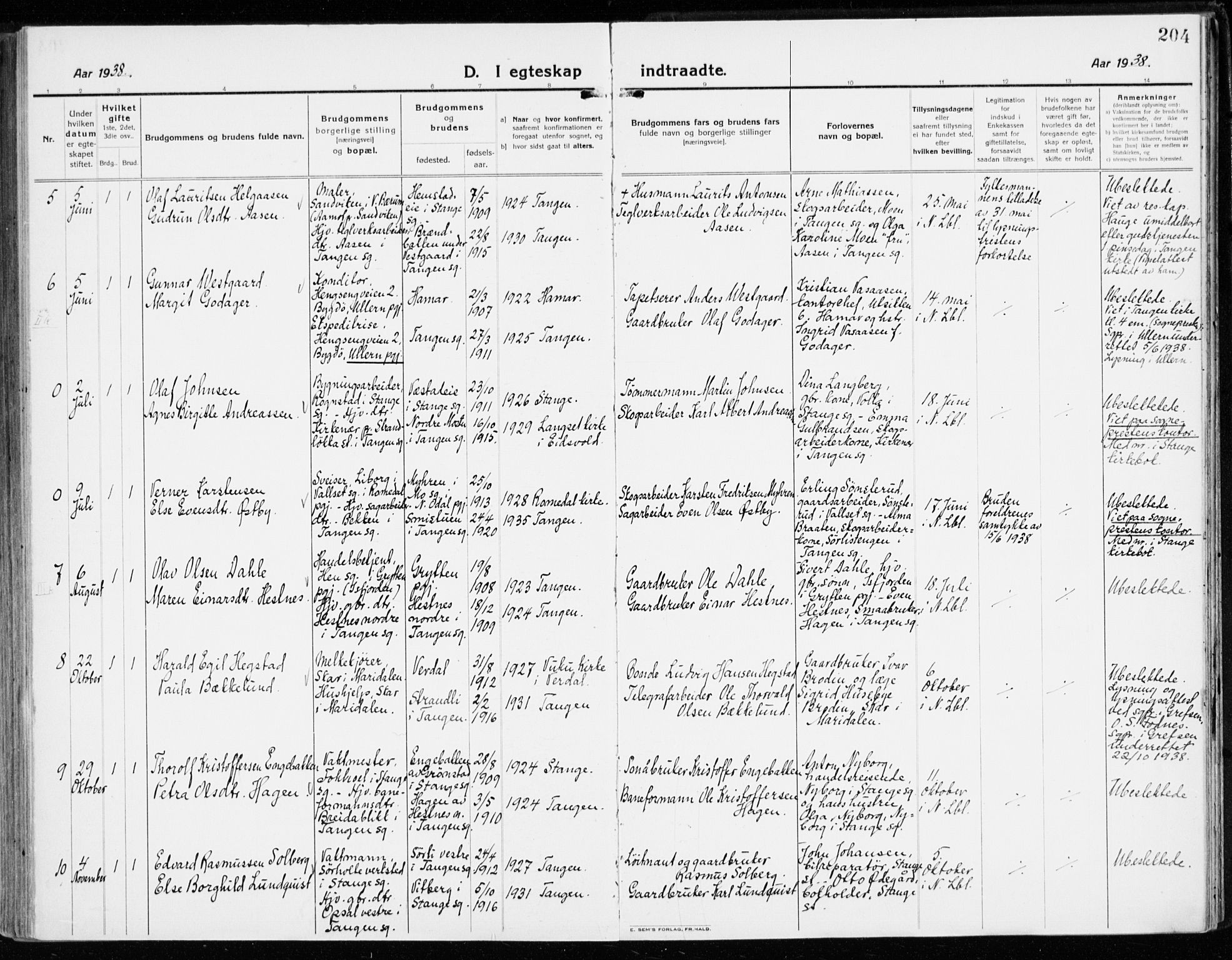 Stange prestekontor, AV/SAH-PREST-002/K/L0025: Parish register (official) no. 25, 1921-1945, p. 204