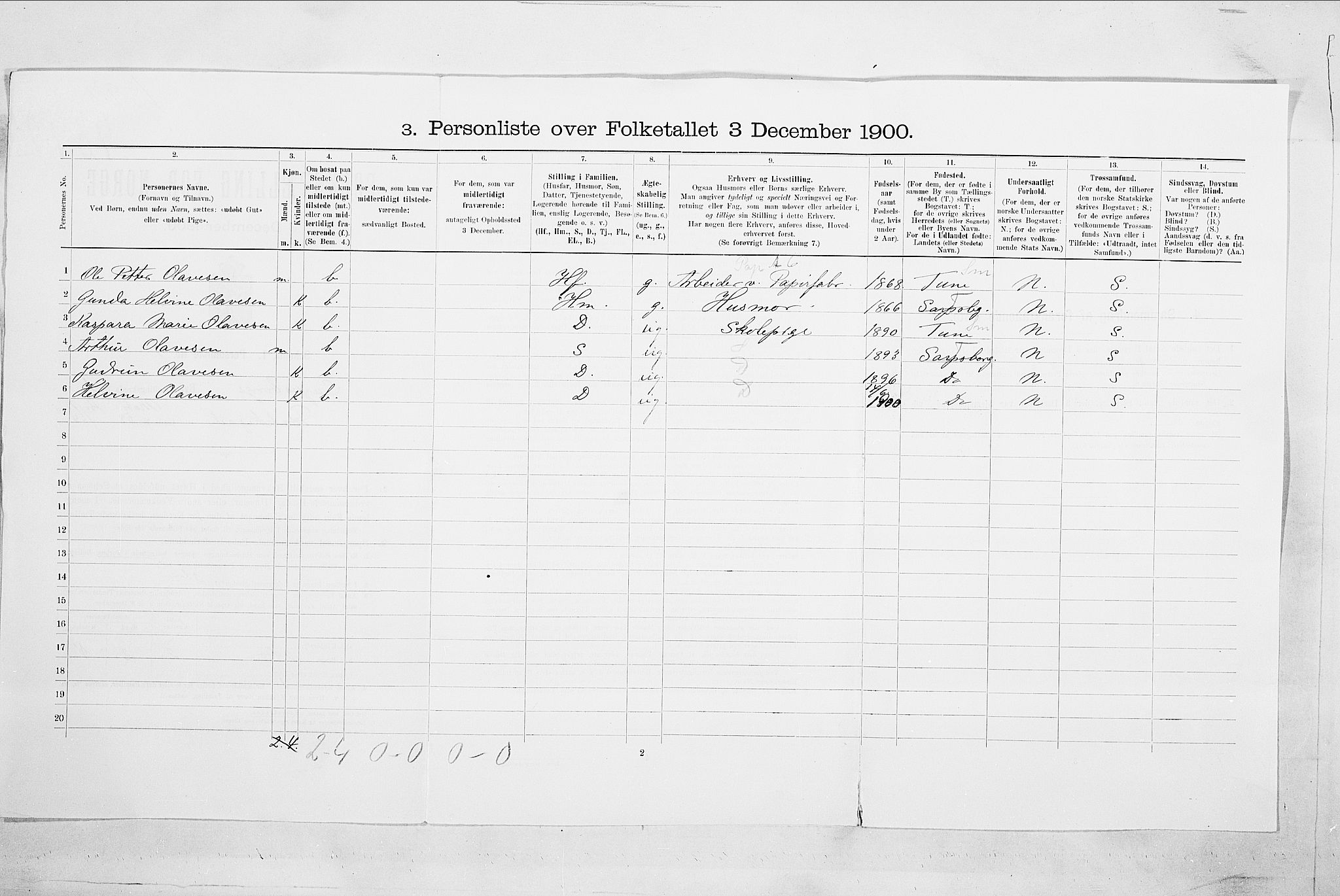 SAO, 1900 census for Sarpsborg, 1900