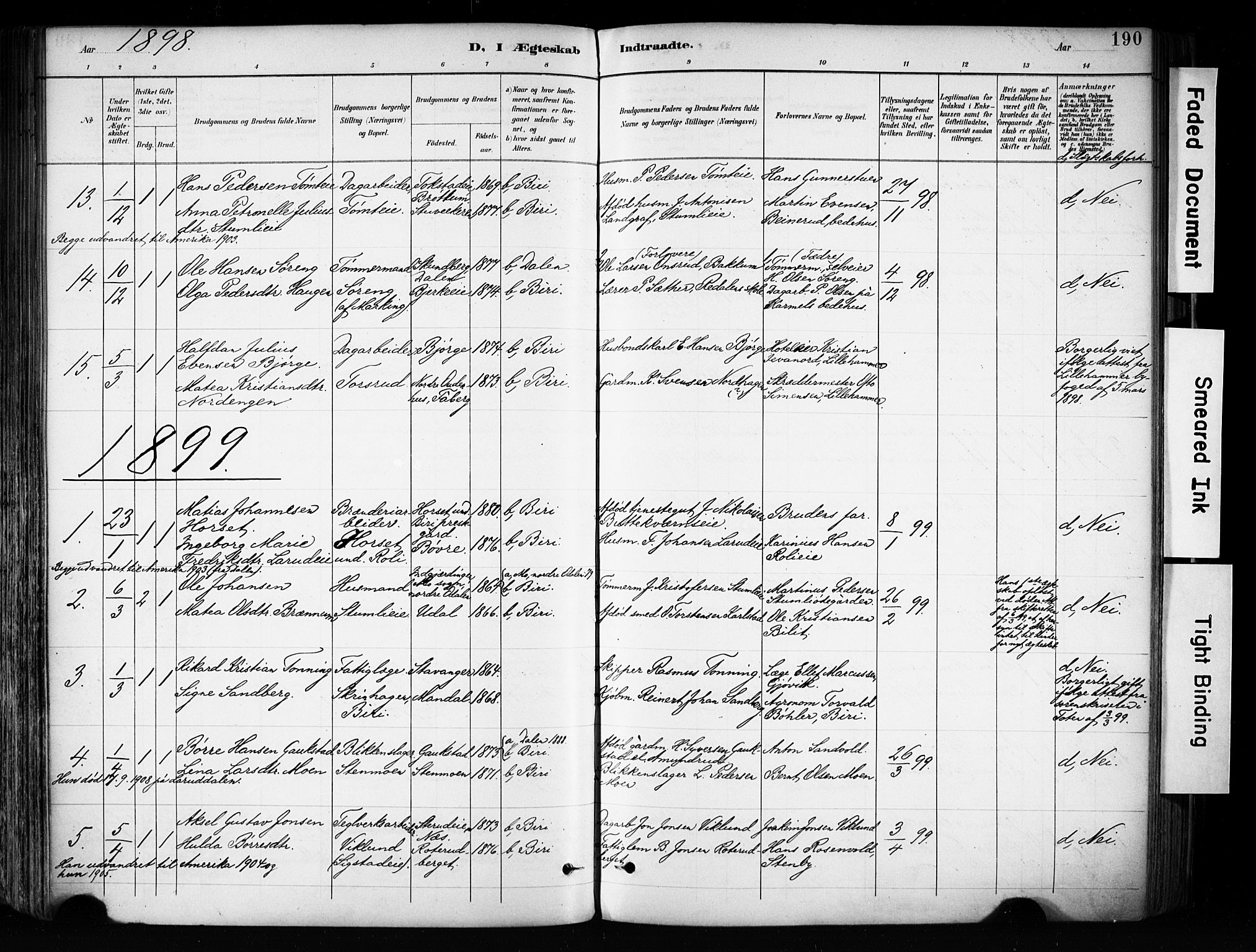 Biri prestekontor, SAH/PREST-096/H/Ha/Haa/L0009: Parish register (official) no. 9, 1887-1900, p. 190