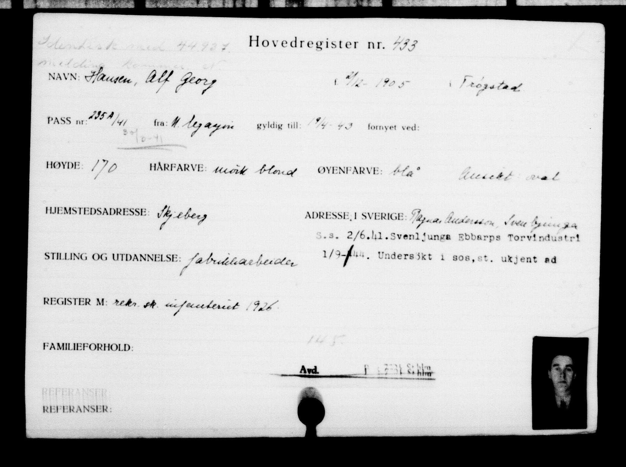 Utenriksstasjonene, Legasjonen i Stockholm, Flyktningkontoret, AV/RA-S-6753/V/Va/L0001: Kjesäterkartoteket, flyktninger med registreringsnr. 1-1000, 1940-1945, p. 676