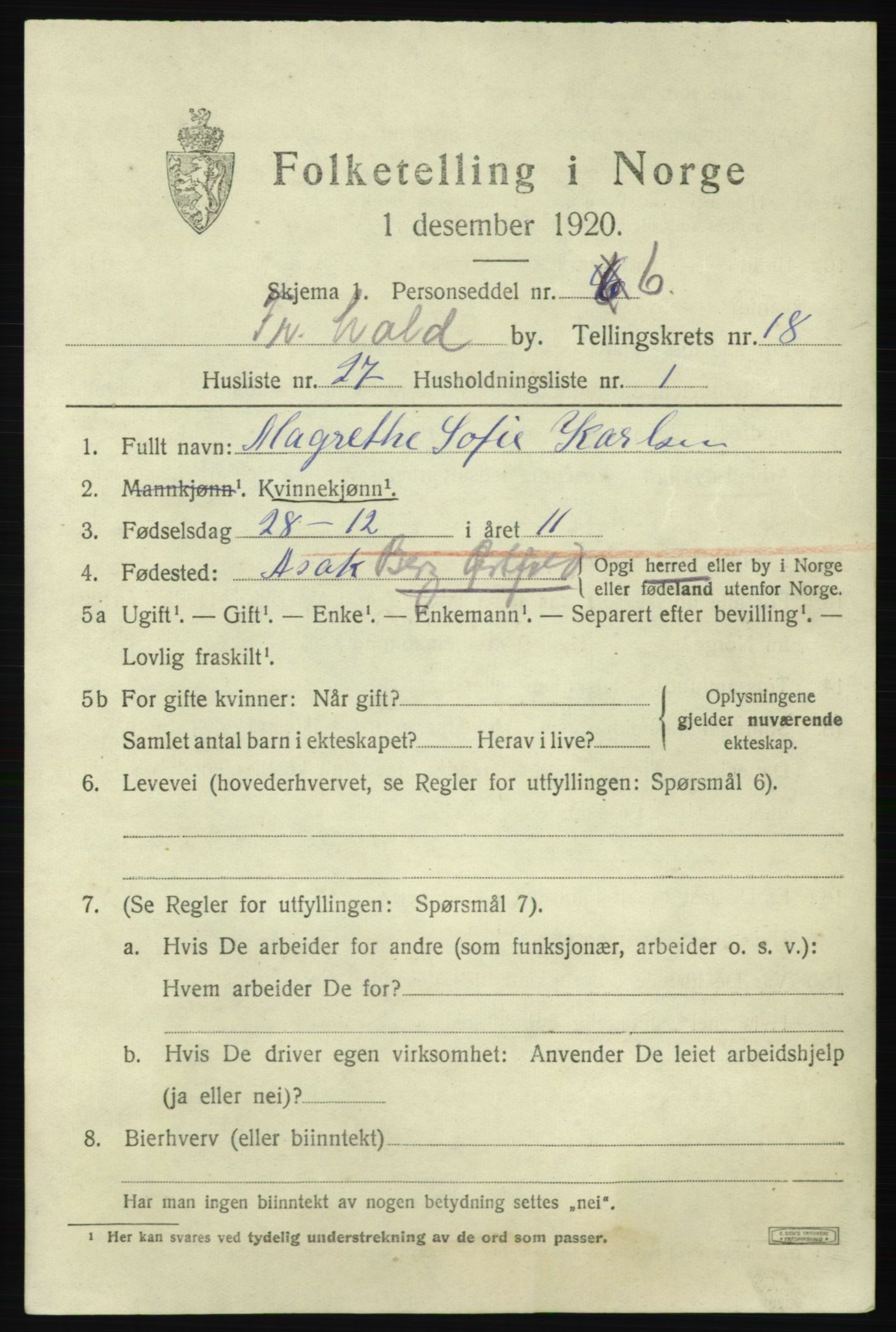 SAO, 1920 census for Fredrikshald, 1920, p. 27951