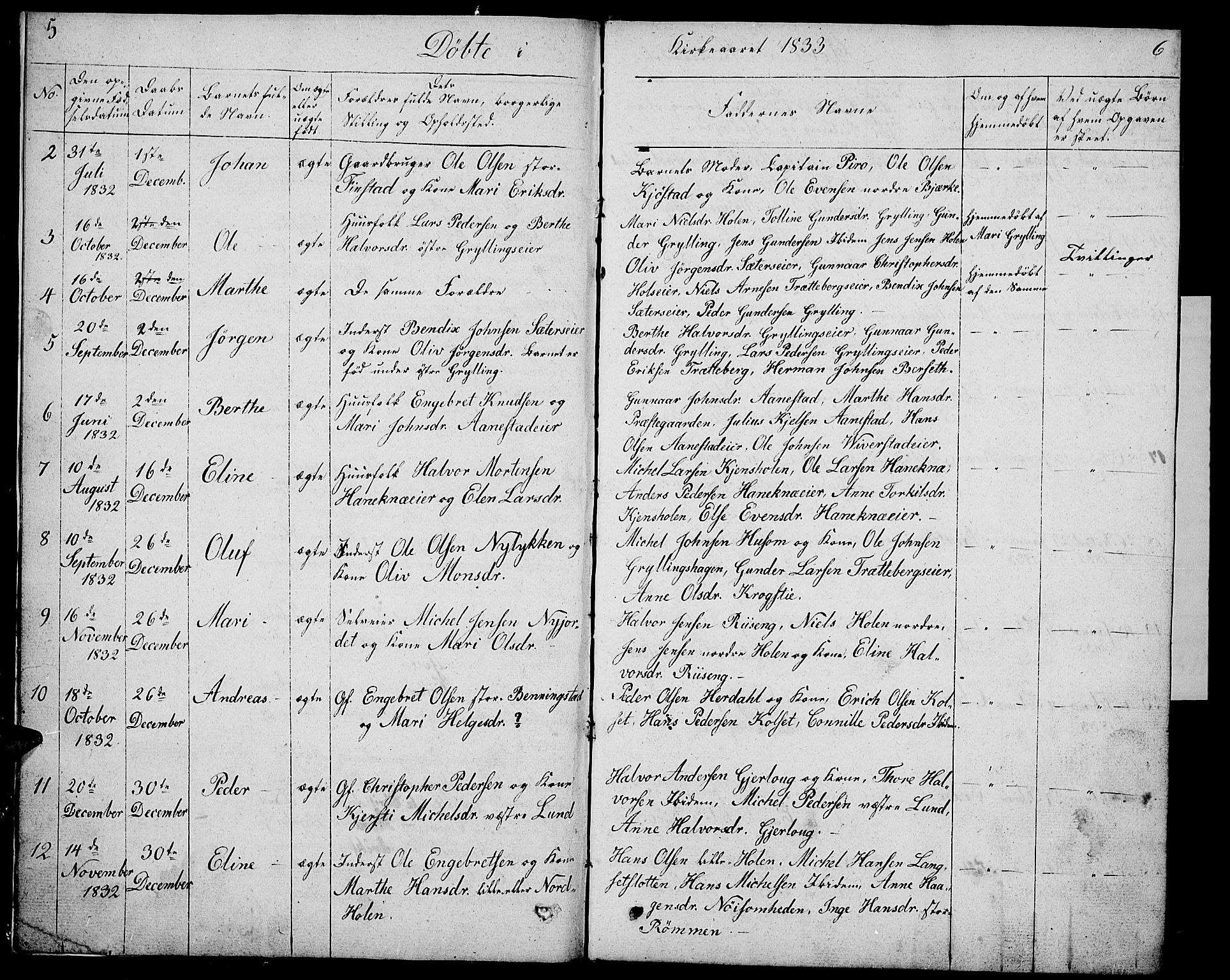 Løten prestekontor, SAH/PREST-022/L/La/L0002: Parish register (copy) no. 2, 1832-1850, p. 5-6