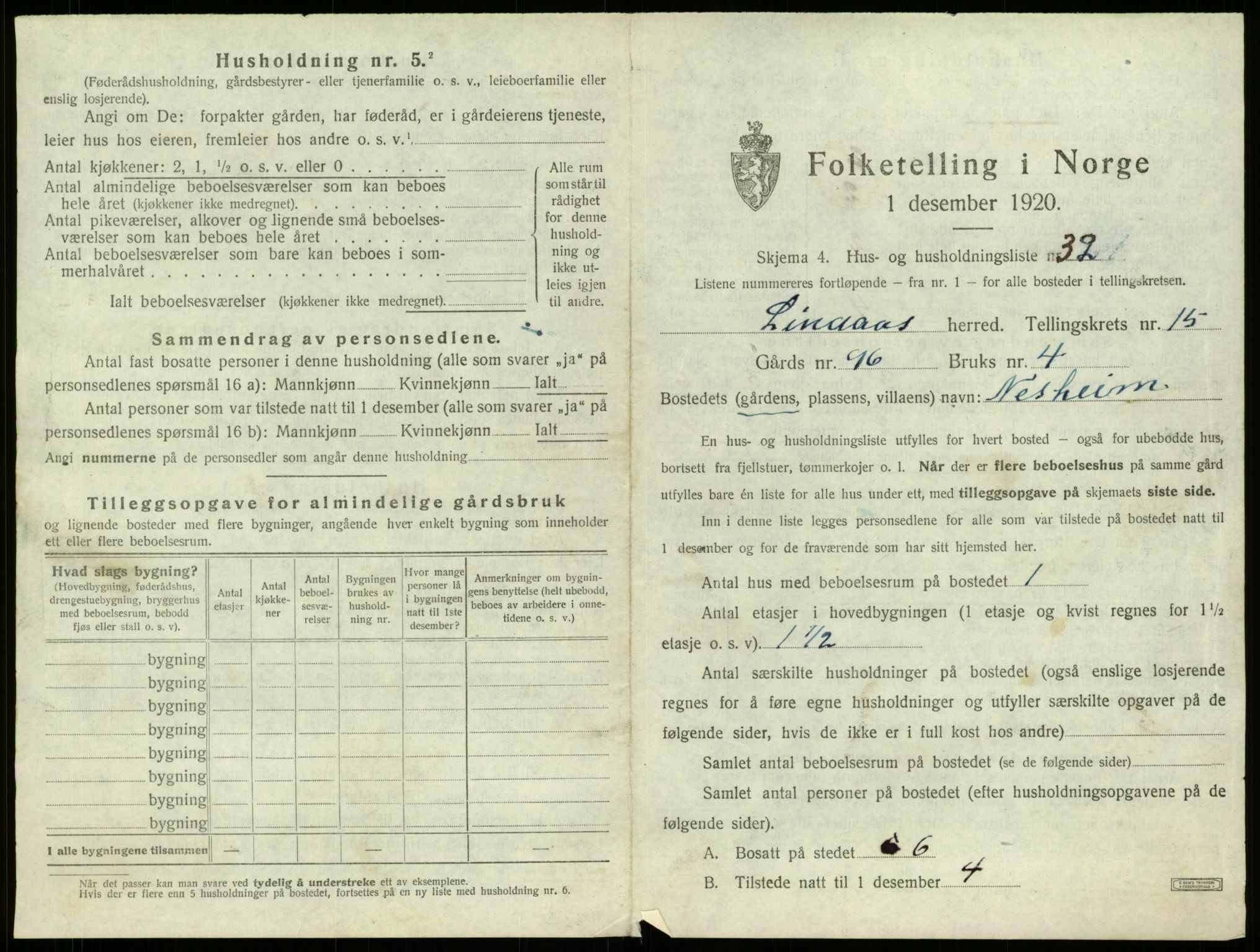 SAB, 1920 census for Lindås, 1920, p. 1059