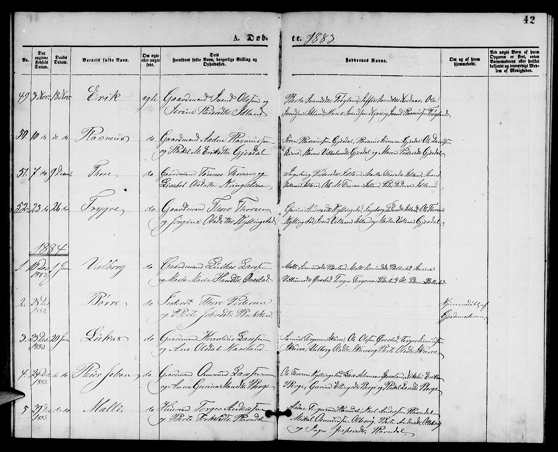 Lye sokneprestkontor, AV/SAST-A-101794/001/30BB/L0005: Parish register (copy) no. B 5, 1875-1886, p. 42