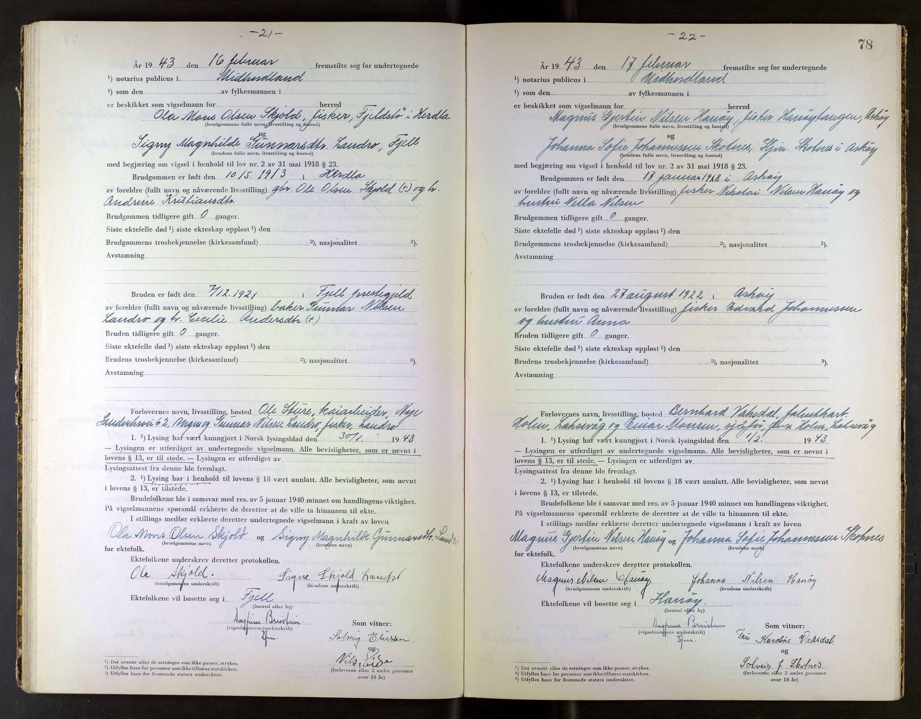 Midhordland sorenskriveri, SAB/A-3001/1/M/Mc/Mca/L0003: Notarialbilag. Vigselbøker, 1942-1943, p. 78