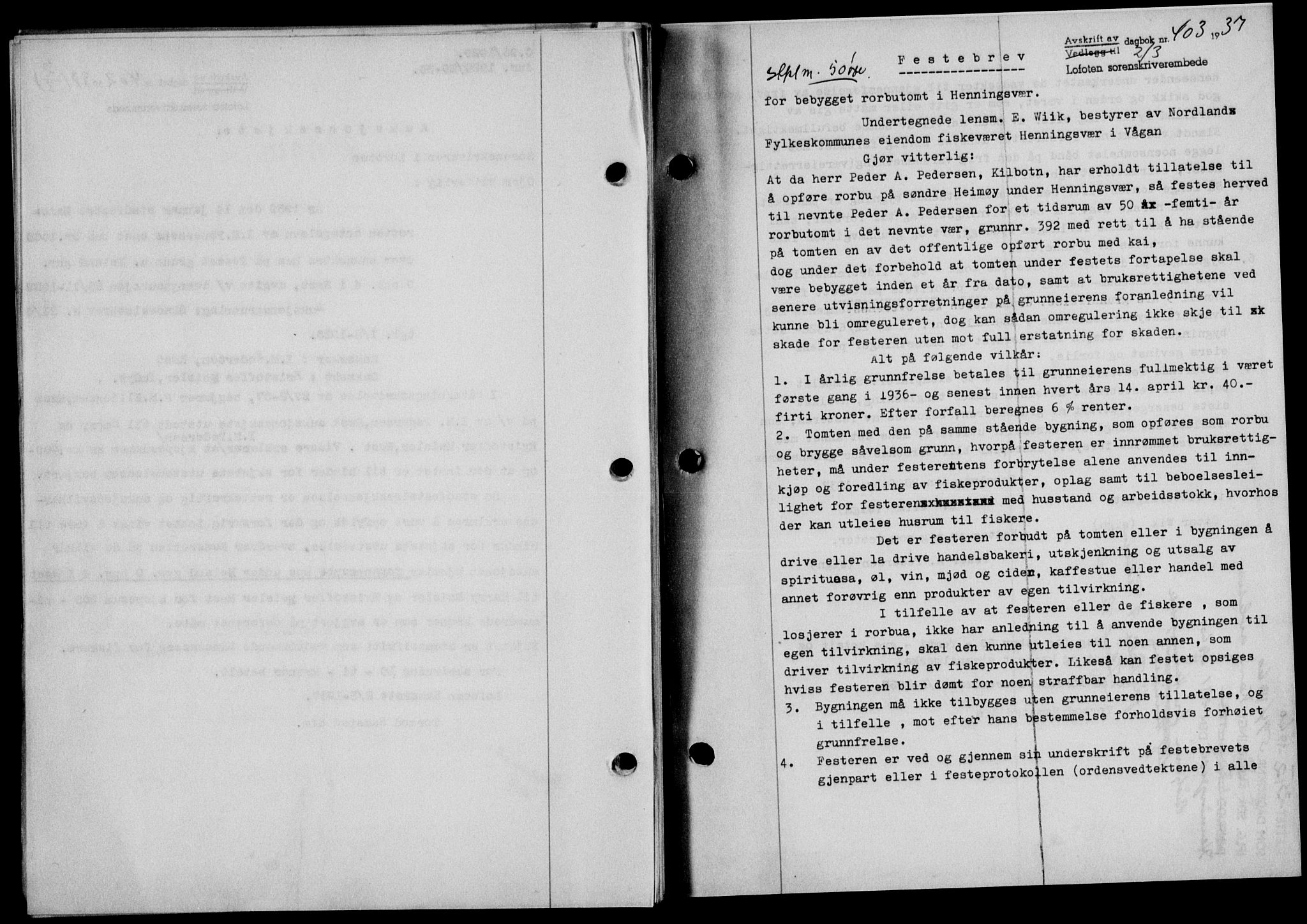 Lofoten sorenskriveri, SAT/A-0017/1/2/2C/L0001a: Mortgage book no. 1a, 1936-1937, Diary no: : 403/1937