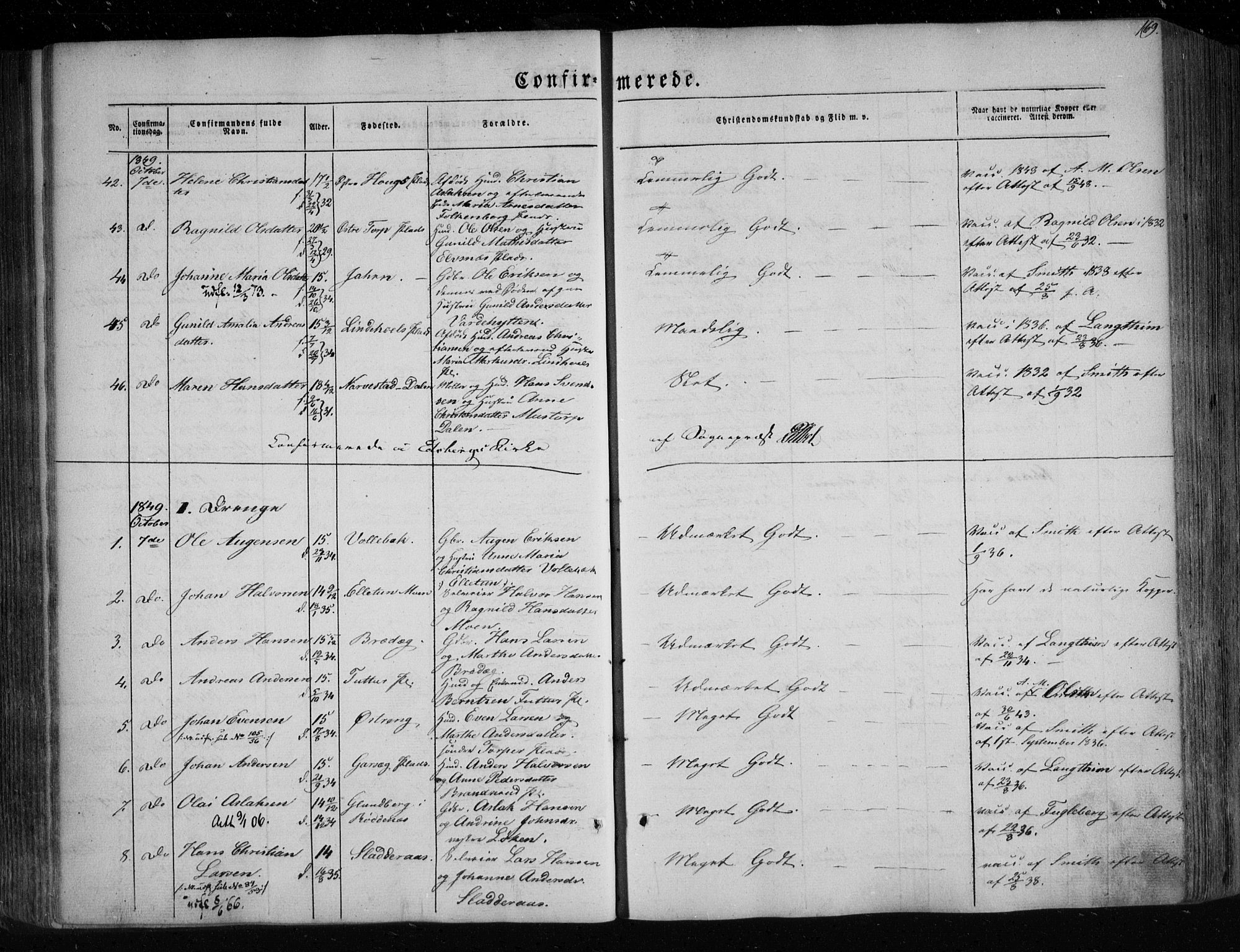 Eidsberg prestekontor Kirkebøker, AV/SAO-A-10905/F/Fa/L0009: Parish register (official) no. I 9, 1849-1856, p. 169