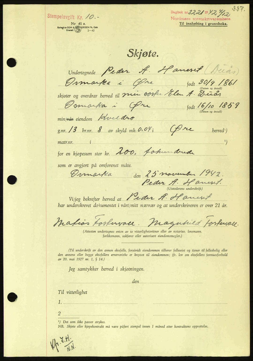 Nordmøre sorenskriveri, AV/SAT-A-4132/1/2/2Ca: Mortgage book no. A94, 1942-1943, Diary no: : 3221/1942