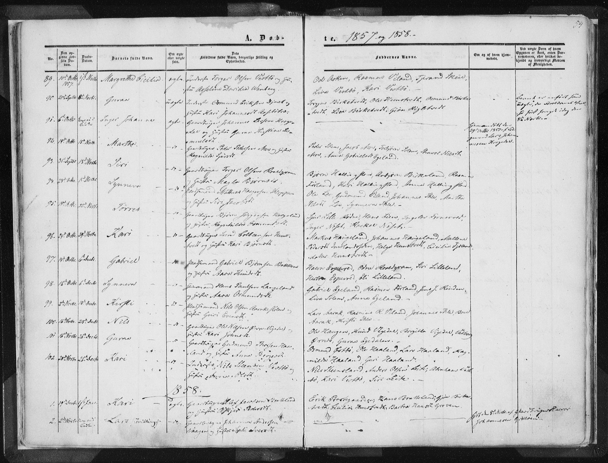 Vikedal sokneprestkontor, AV/SAST-A-101840/01/IV: Parish register (official) no. A 6.1, 1851-1867, p. 54