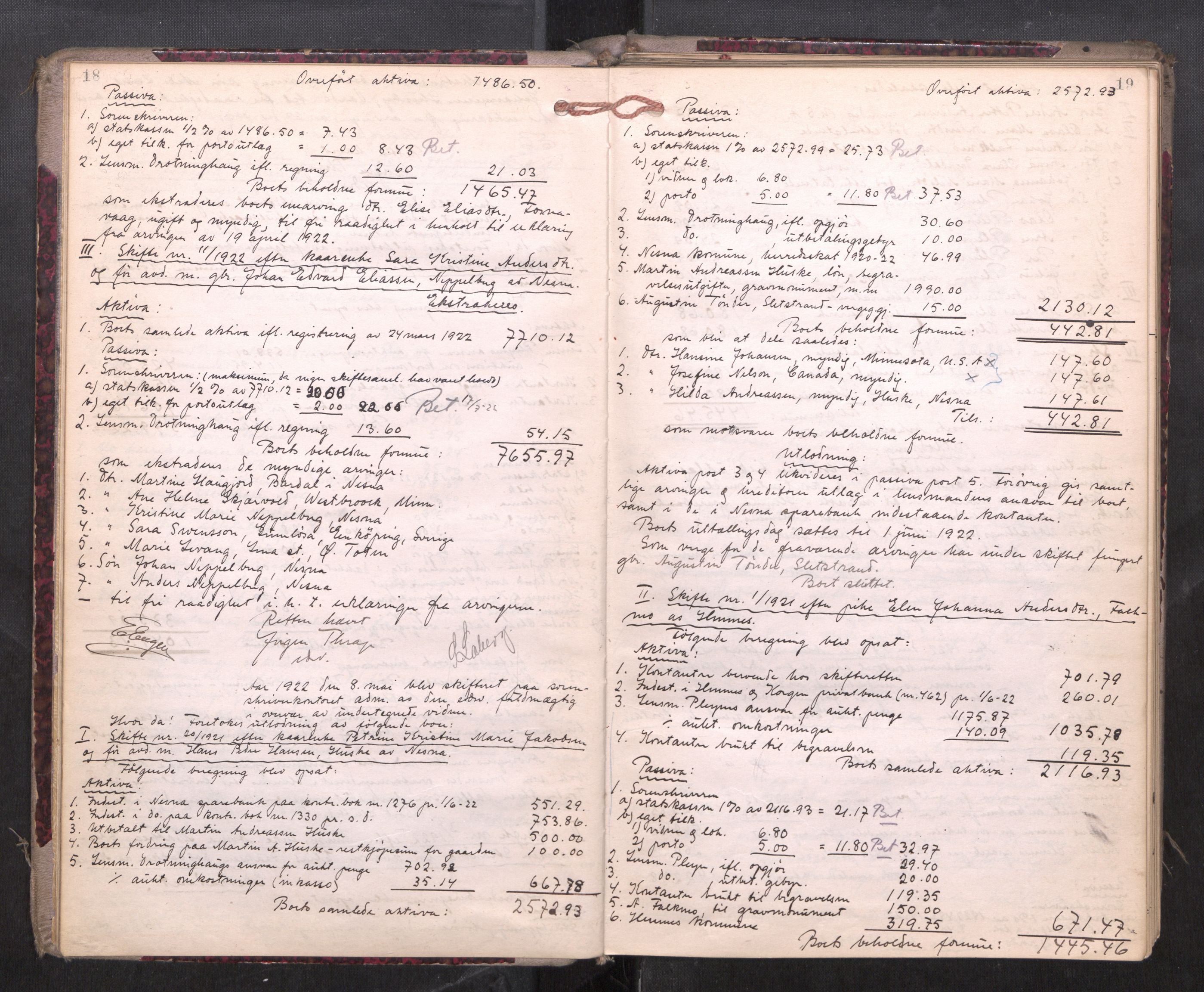 Rana sorenskriveri , AV/SAT-A-1108/1/3/3A/L0010: Skifteslutningsprotokoll, 1921-1927, p. 18-19