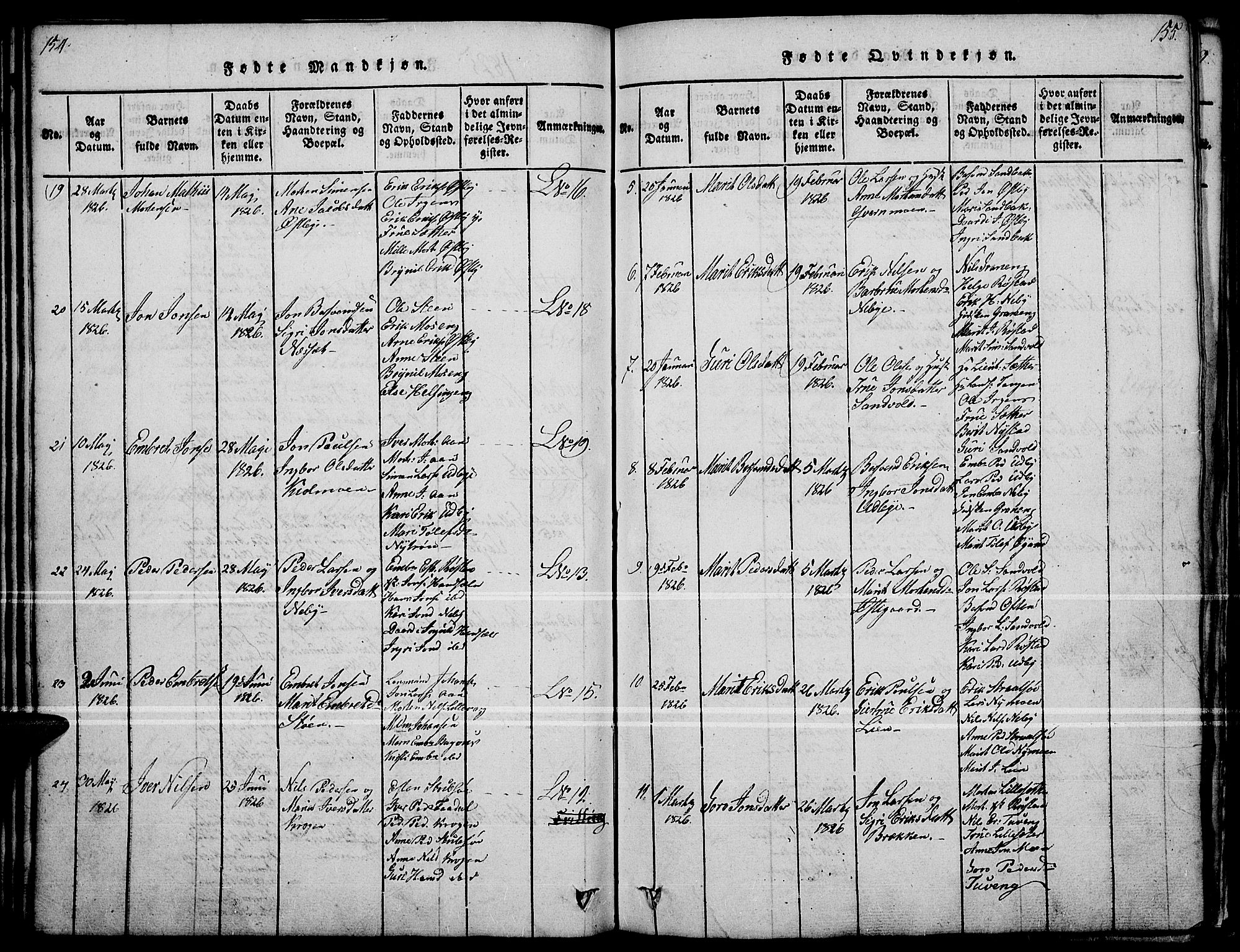 Tynset prestekontor, SAH/PREST-058/H/Ha/Haa/L0018: Parish register (official) no. 18, 1815-1829, p. 154-155