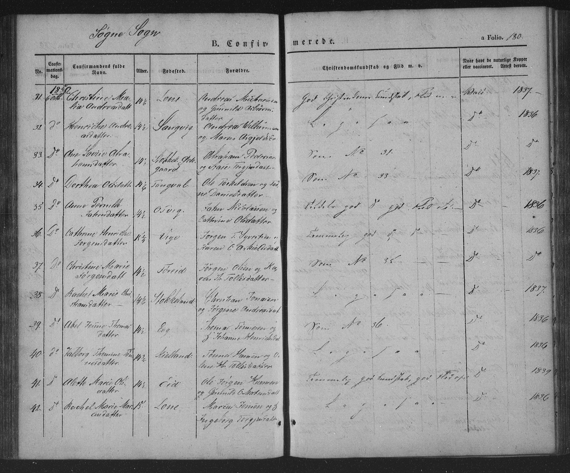 Søgne sokneprestkontor, AV/SAK-1111-0037/F/Fa/Fab/L0009: Parish register (official) no. A 9, 1838-1853, p. 180