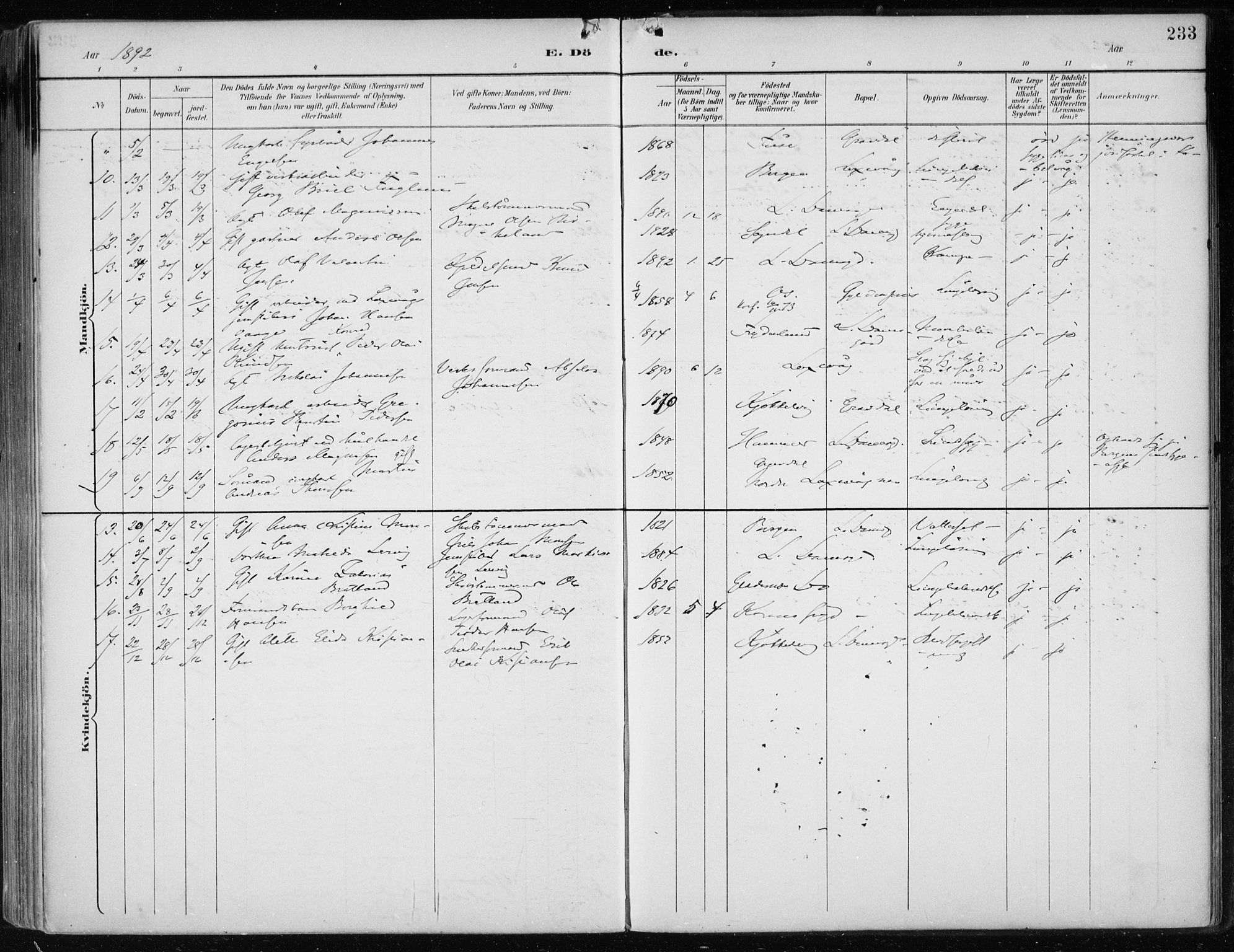 Askøy Sokneprestembete, AV/SAB-A-74101/H/Ha/Haa/Haae/L0003: Parish register (official) no. E 3, 1891-1903, p. 233