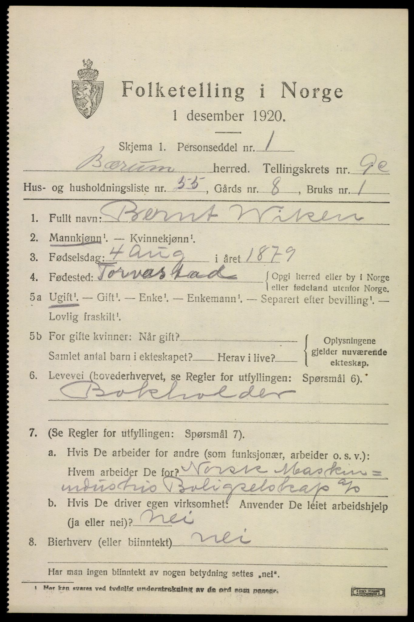 SAO, 1920 census for Bærum, 1920, p. 22836