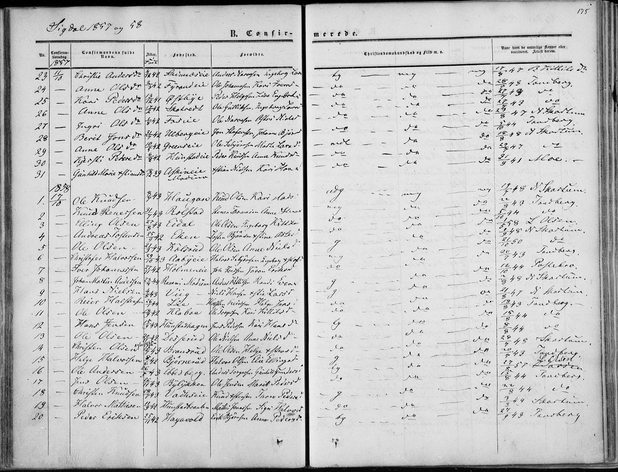 Sigdal kirkebøker, SAKO/A-245/F/Fa/L0008: Parish register (official) no. I 8, 1850-1859, p. 175