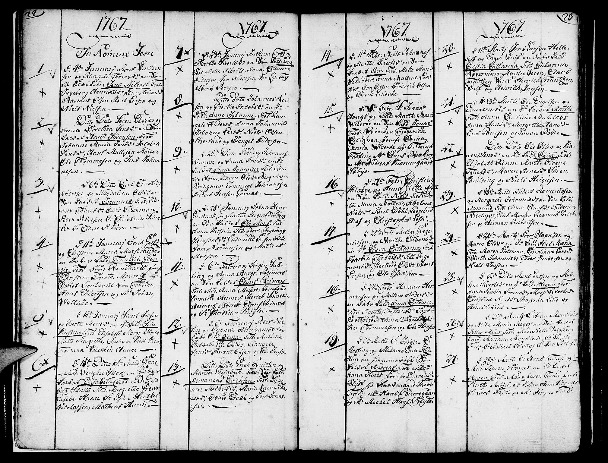 Nykirken Sokneprestembete, AV/SAB-A-77101/H/Haa/L0004: Parish register (official) no. A 4, 1765-1775, p. 22-23