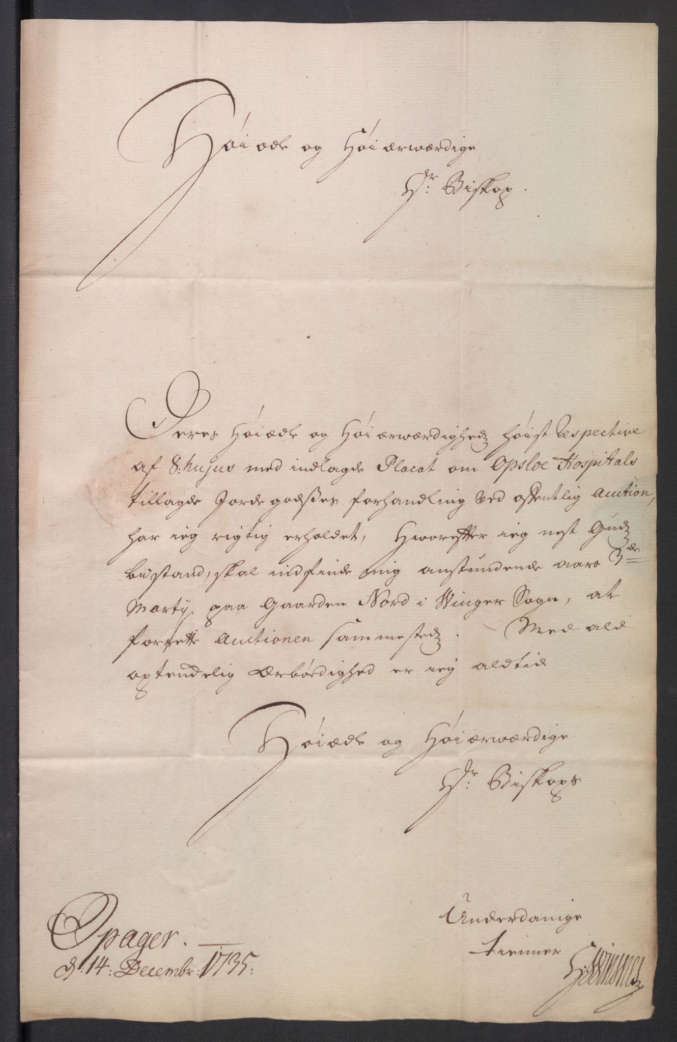 Oslo stiftsdireksjon, AV/SAO-A-11085/K/Kb/L0003/0004: Oslo Hospital / Auksjoner over Hospitalets eiendommer: Korrespondanse, 1735-1736, p. 14