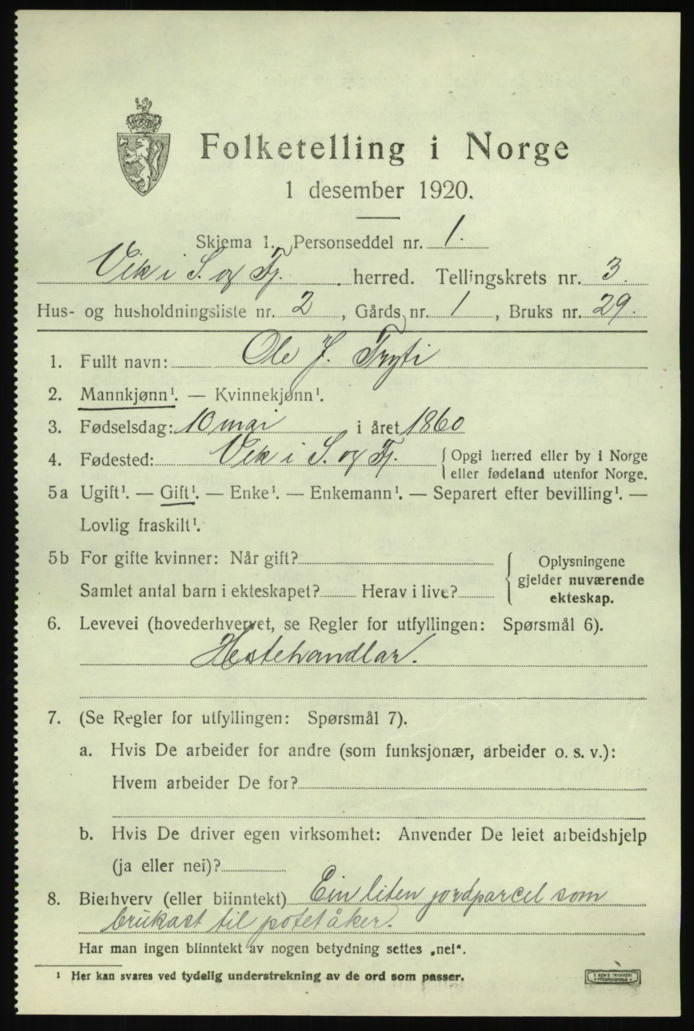 SAB, 1920 census for Vik, 1920, p. 2635