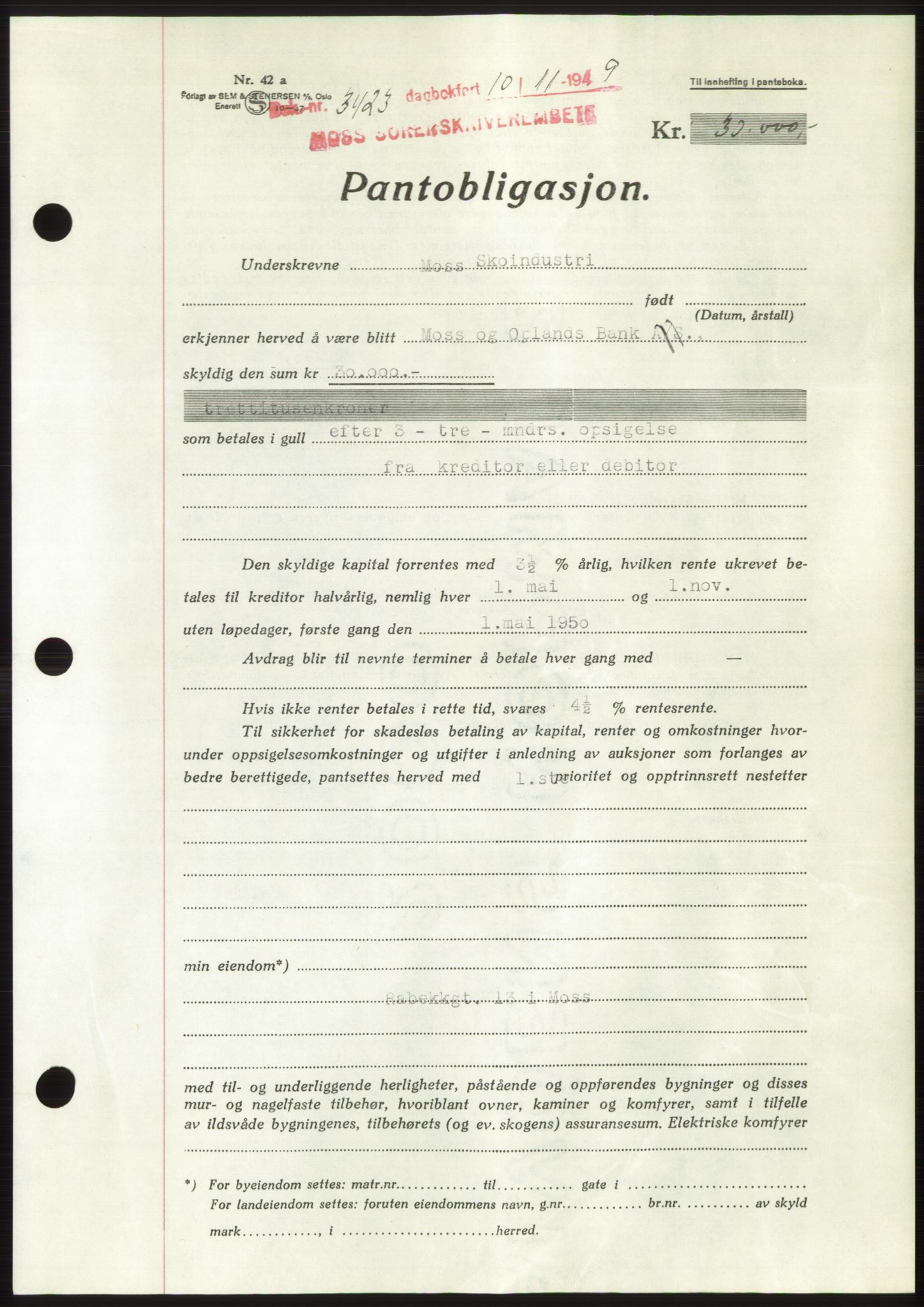 Moss sorenskriveri, SAO/A-10168: Mortgage book no. B23, 1949-1950, Diary no: : 3423/1949