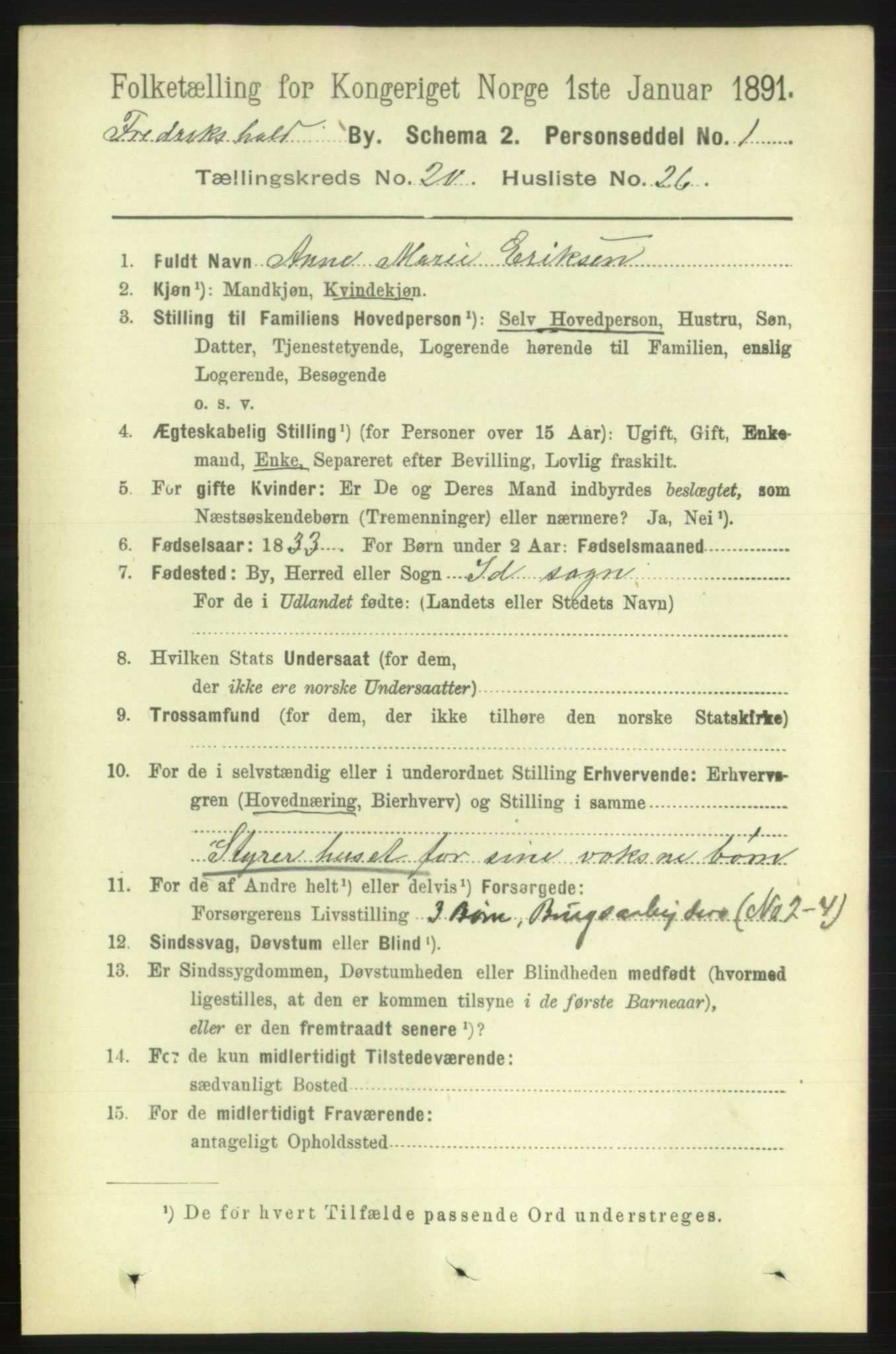 RA, 1891 census for 0101 Fredrikshald, 1891, p. 12691