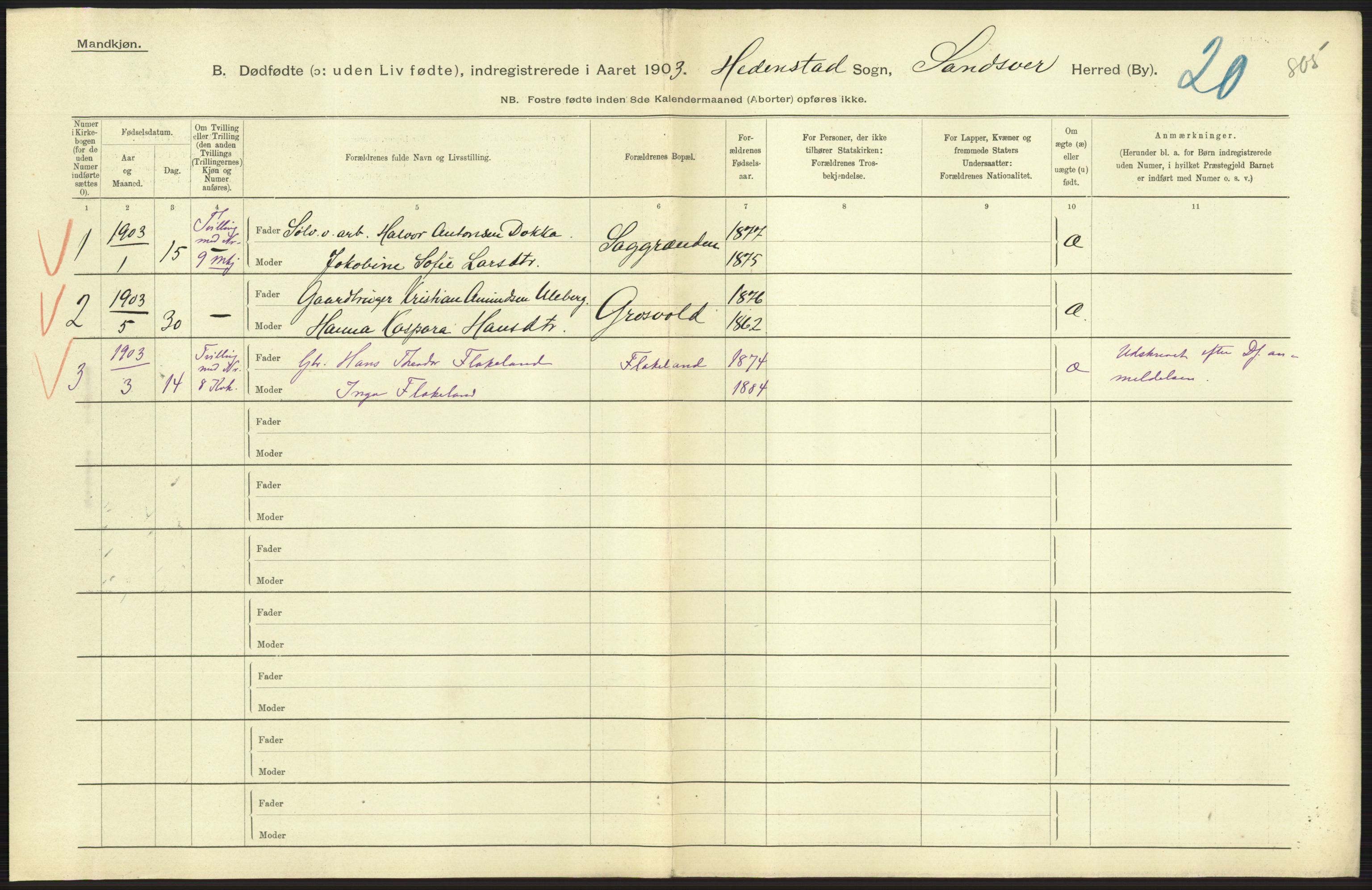 Statistisk sentralbyrå, Sosiodemografiske emner, Befolkning, AV/RA-S-2228/D/Df/Dfa/Dfaa/L0024: Smålenenes - Stavanger amt: Dødfødte. Bygder., 1903, p. 299