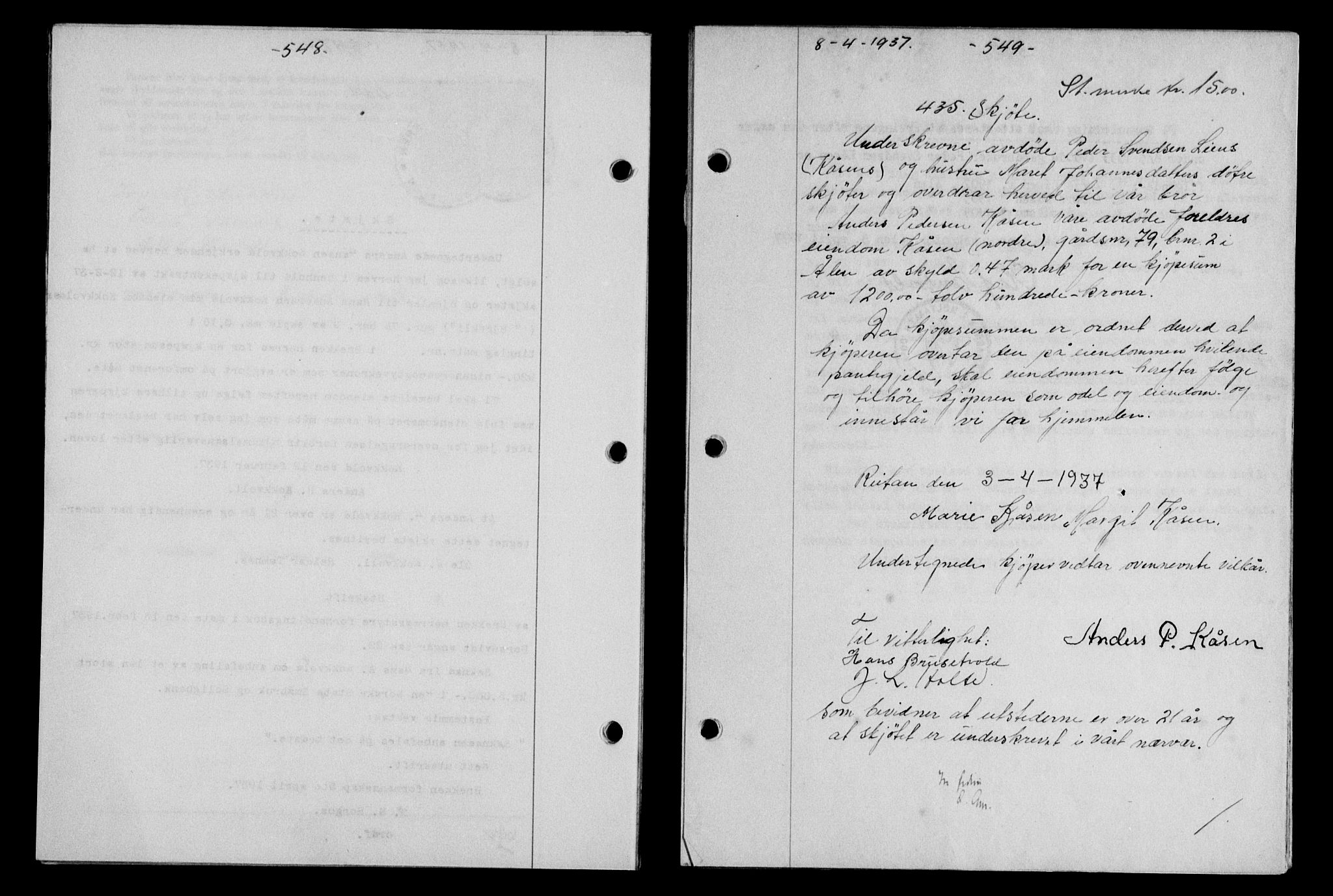 Gauldal sorenskriveri, SAT/A-0014/1/2/2C/L0047: Mortgage book no. 50-51, 1937-1937, Diary no: : 435/1937