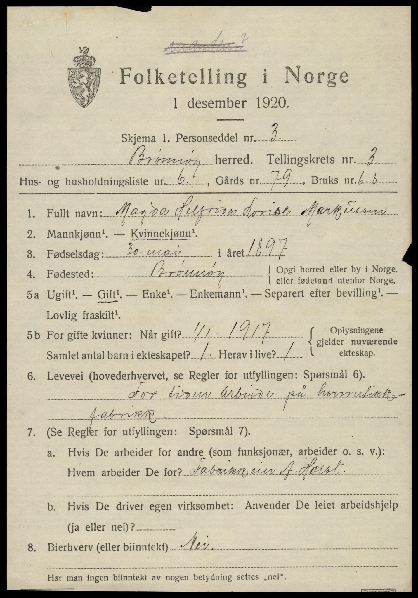 SAT, 1920 census for Brønnøy, 1920, p. 2562