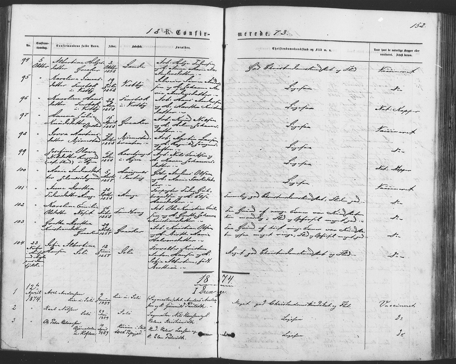 Tune prestekontor Kirkebøker, SAO/A-2007/F/Fa/L0016: Parish register (official) no. 16, 1874-1877, p. 152