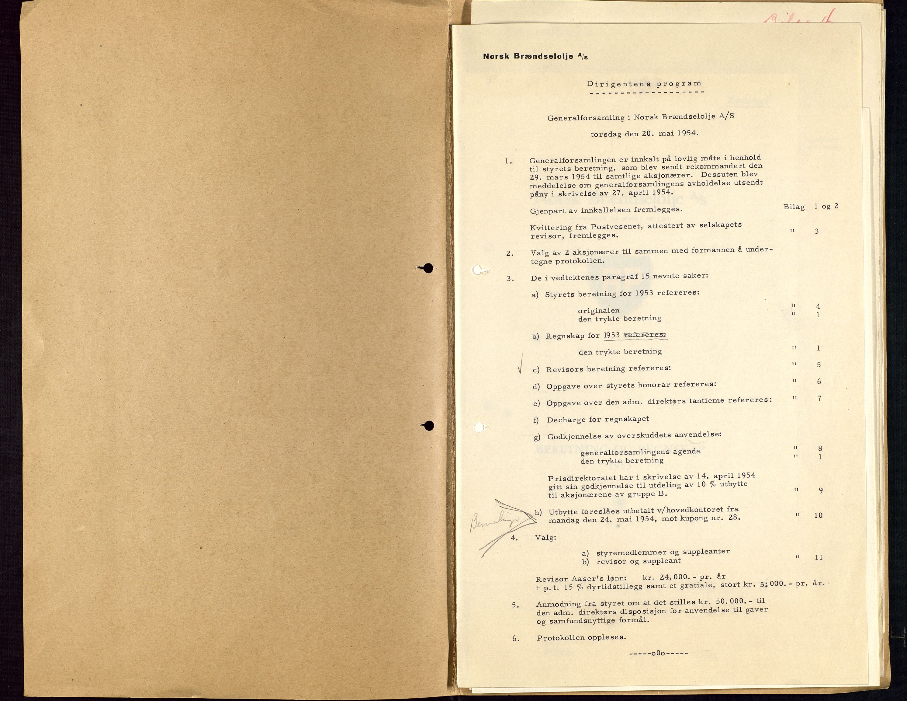 PA 1544 - Norsk Brændselolje A/S, AV/SAST-A-101965/1/A/Aa/L0007/0001: Generalforsamling / Ekstraordinær generalforsamling 1953, generalforsamling 1954, 1953-1954, p. 80