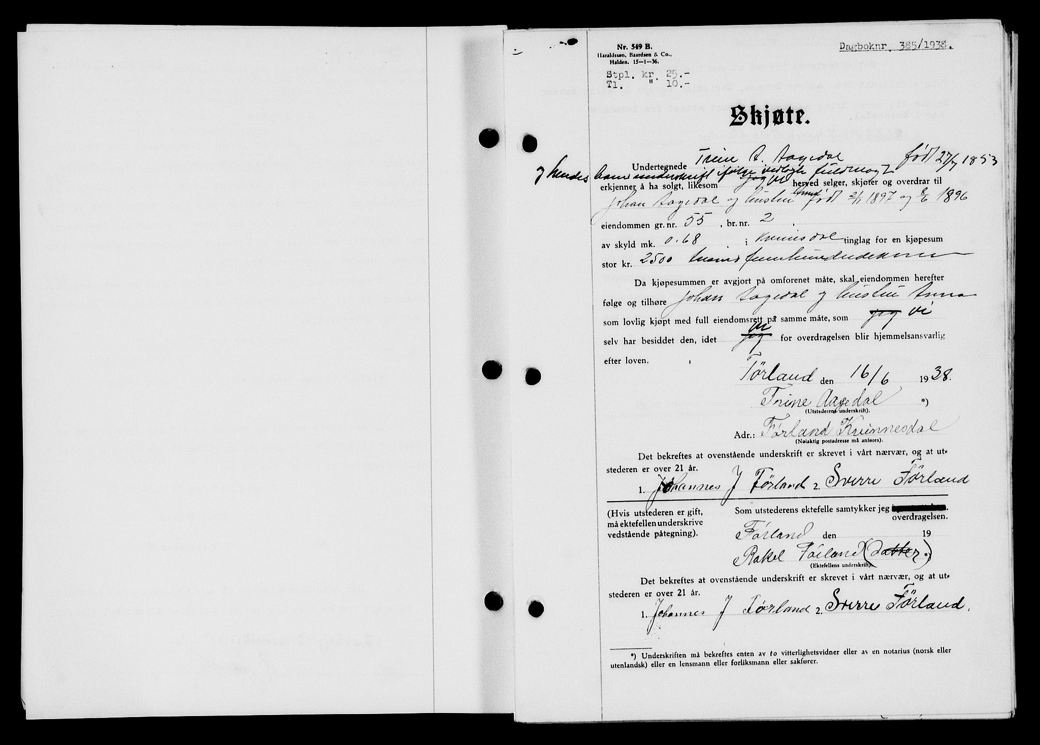 Flekkefjord sorenskriveri, SAK/1221-0001/G/Gb/Gba/L0054: Mortgage book no. A-2, 1937-1938, Diary no: : 385/1938