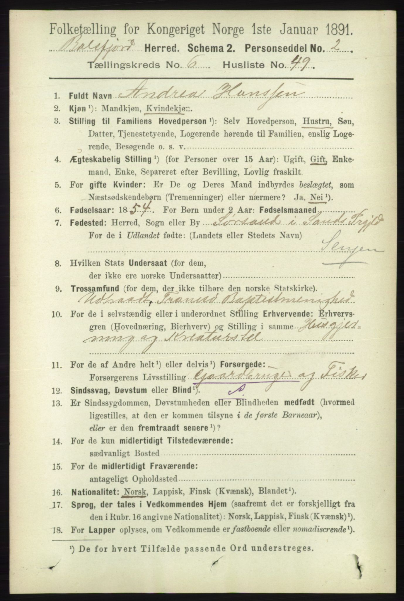 RA, 1891 census for 1933 Balsfjord, 1891, p. 1958