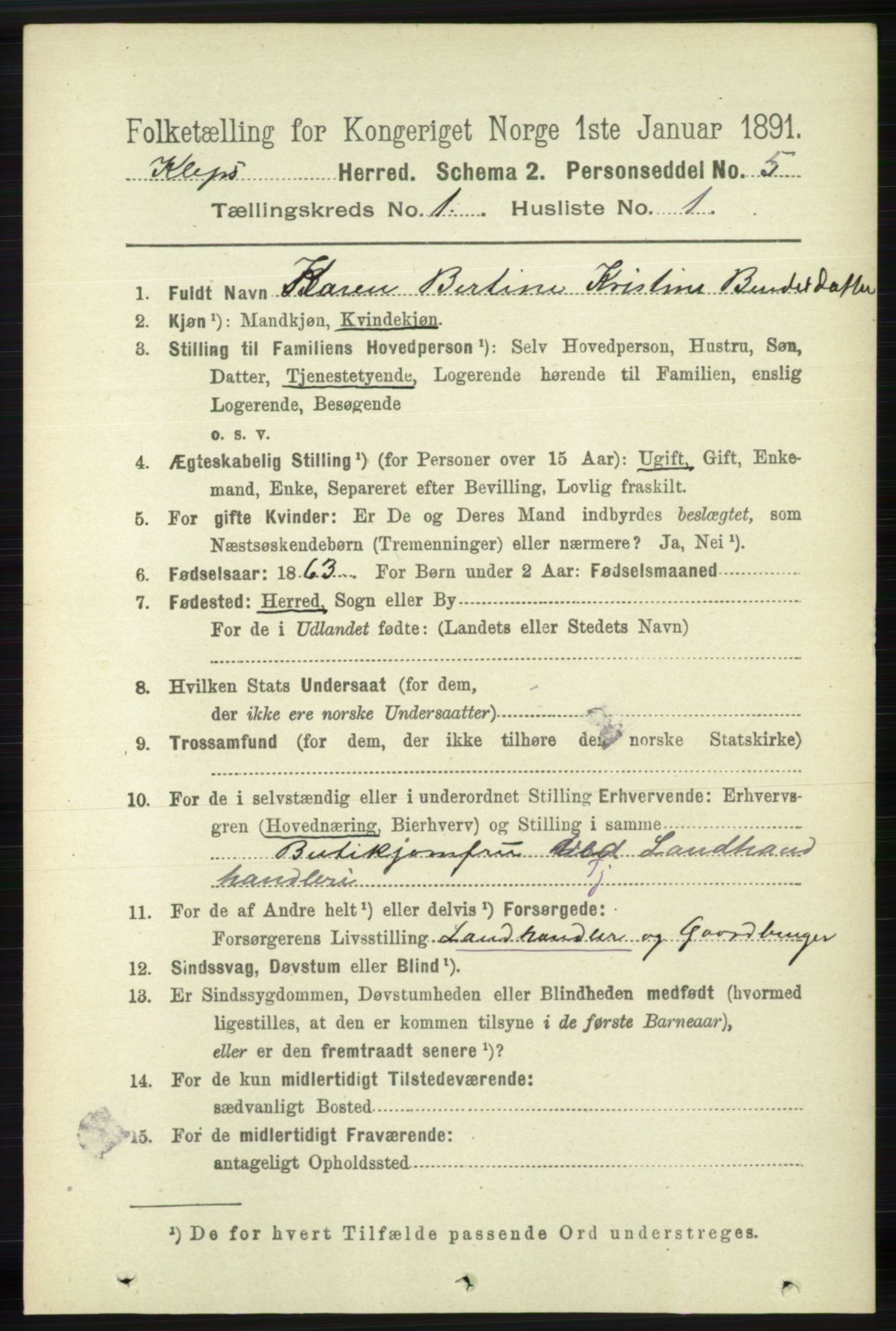 RA, 1891 census for 1120 Klepp, 1891, p. 69