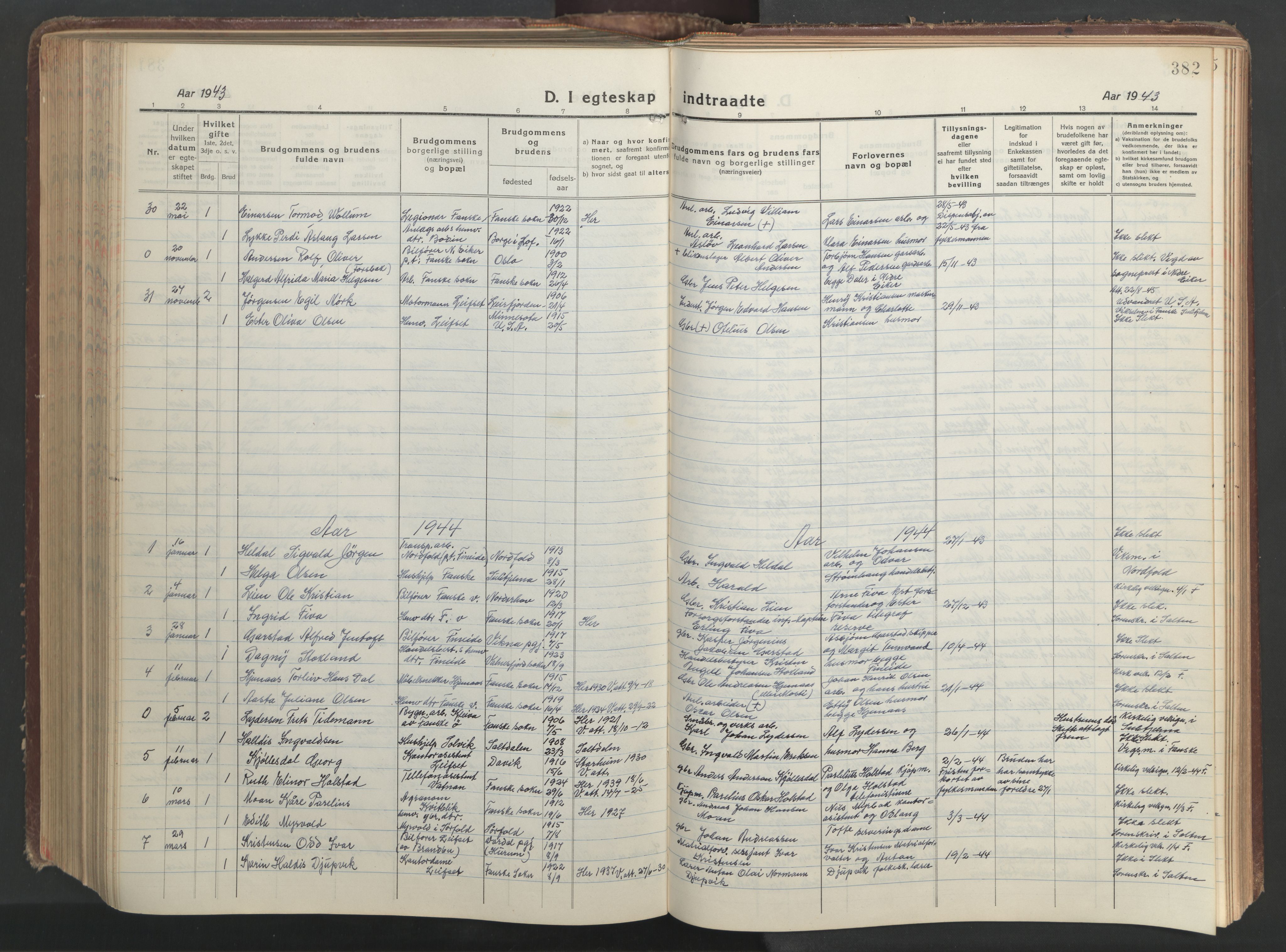 Ministerialprotokoller, klokkerbøker og fødselsregistre - Nordland, AV/SAT-A-1459/849/L0700: Parish register (copy) no. 849C01, 1919-1946, p. 382