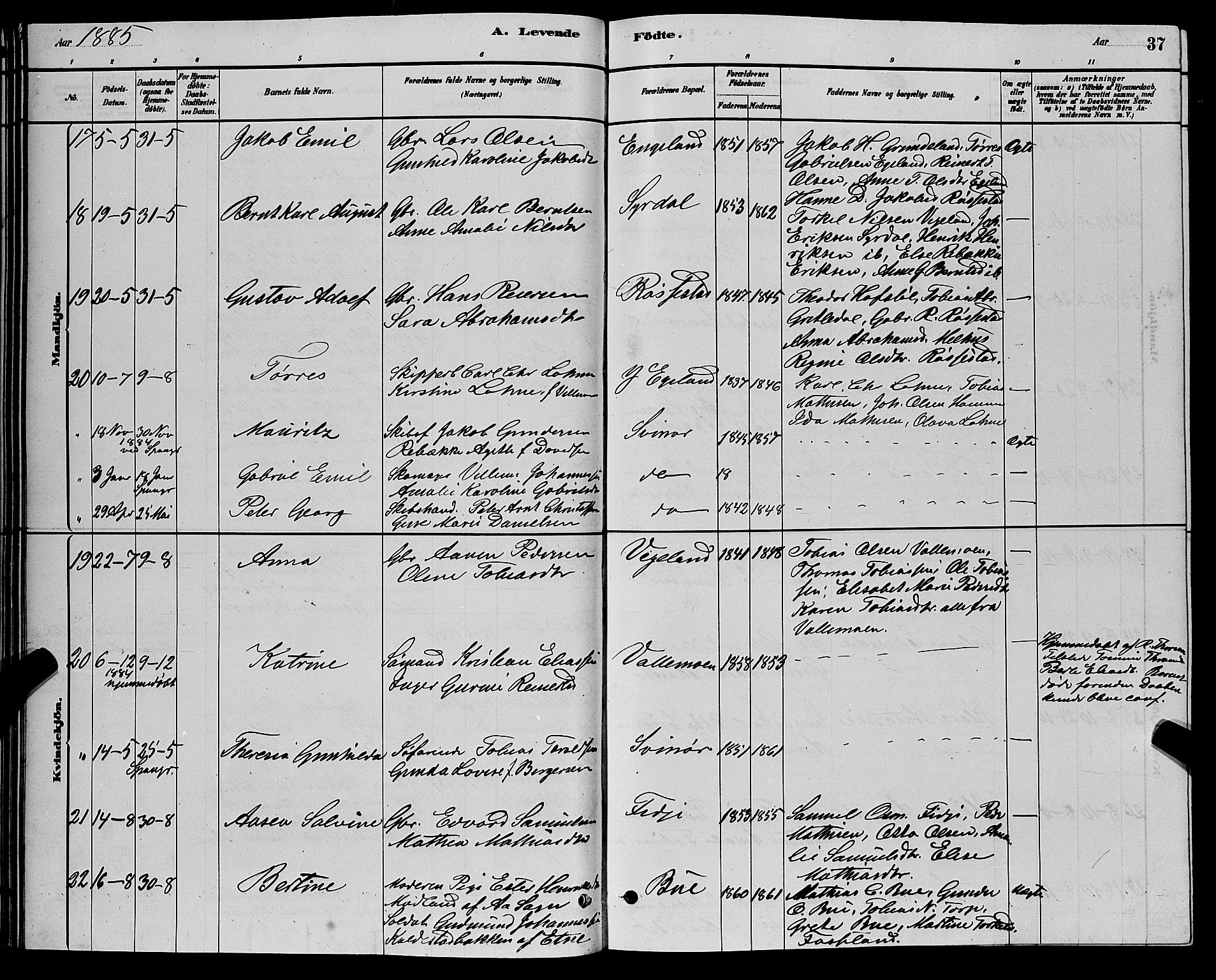 Sør-Audnedal sokneprestkontor, AV/SAK-1111-0039/F/Fb/Fbb/L0005: Parish register (copy) no. B 5, 1880-1892, p. 37