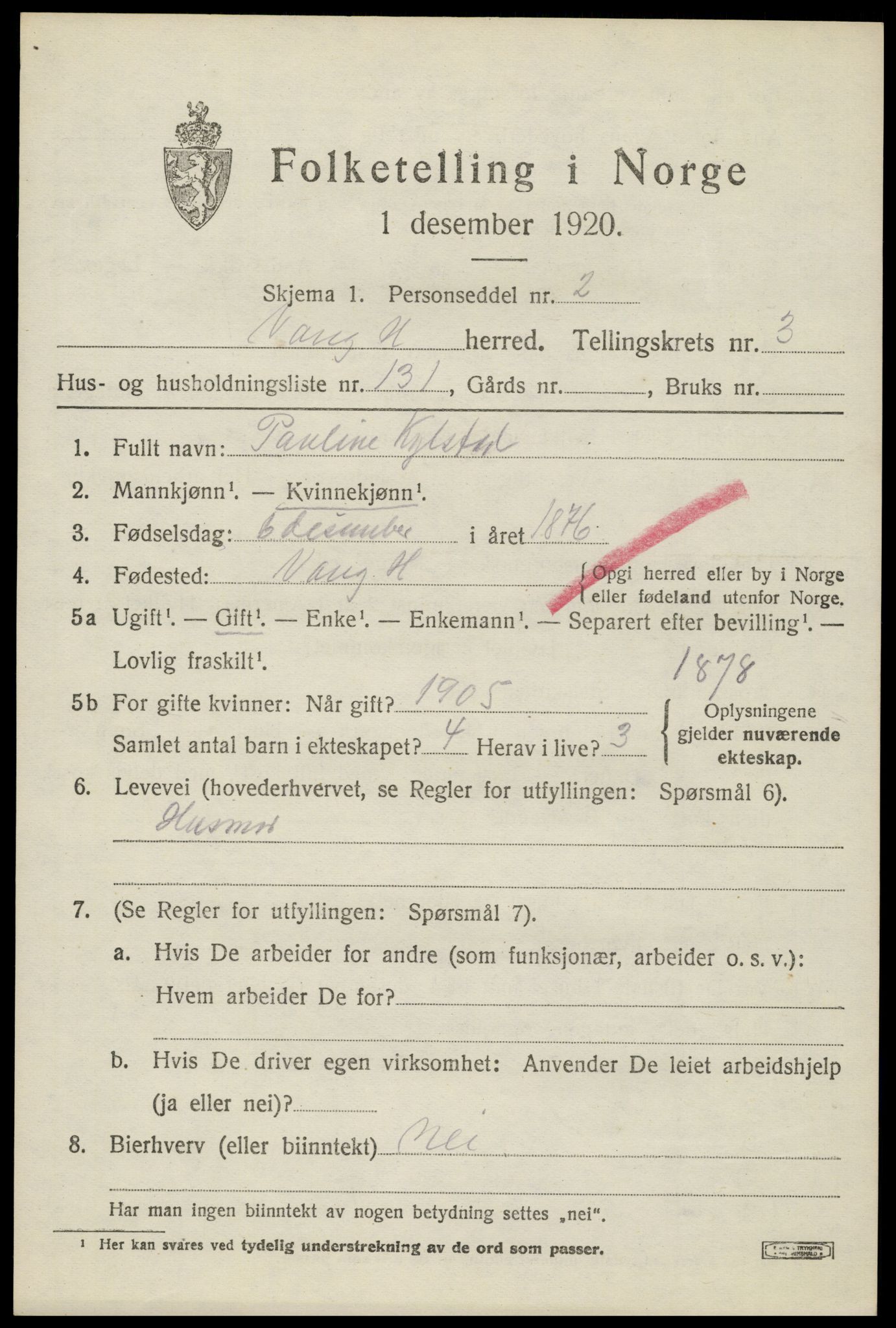 SAH, 1920 census for Vang (Hedmark), 1920, p. 11069