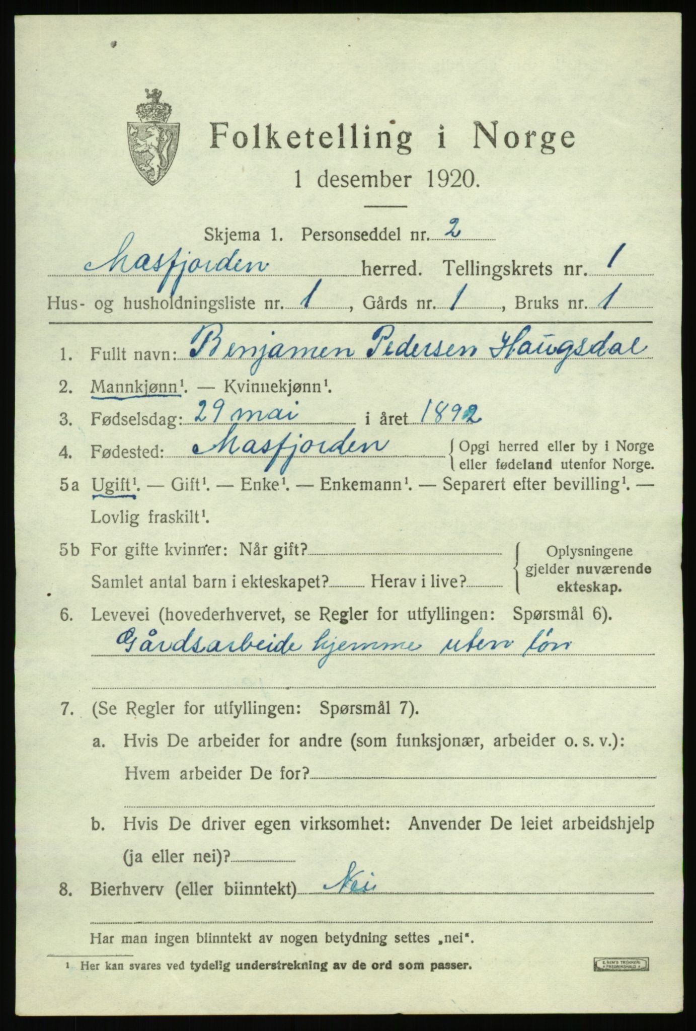 SAB, 1920 census for Masfjorden, 1920, p. 735