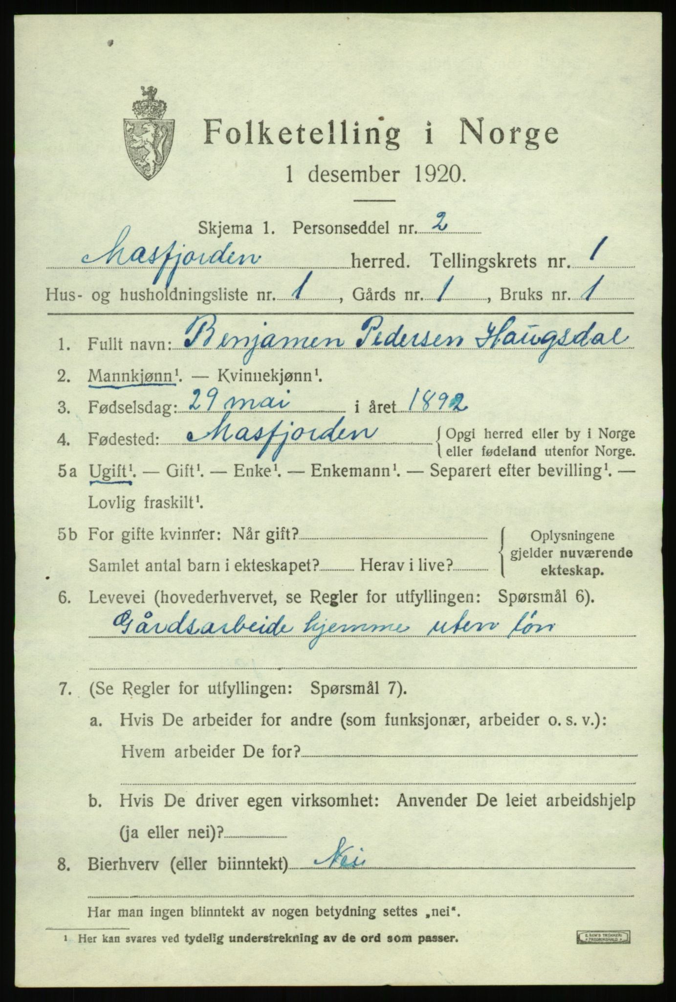 SAB, 1920 census for Masfjorden, 1920, p. 735