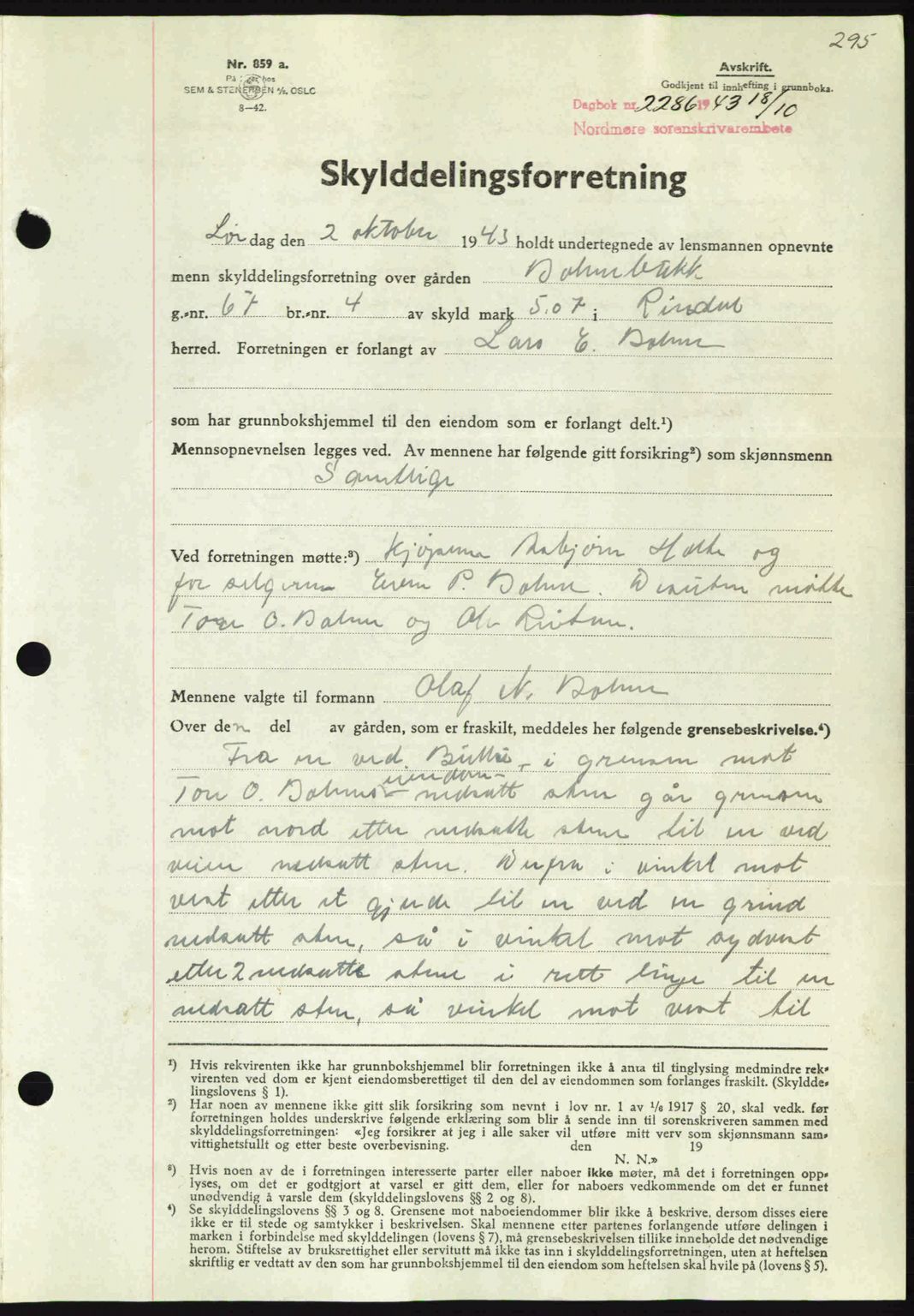 Nordmøre sorenskriveri, SAT/A-4132/1/2/2Ca: Mortgage book no. A96, 1943-1944, Diary no: : 2286/1943