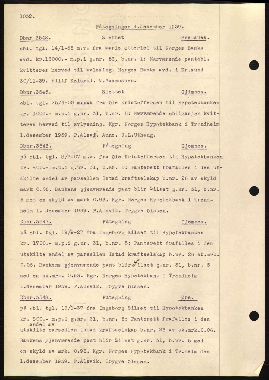 Nordmøre sorenskriveri, AV/SAT-A-4132/1/2/2Ca: Mortgage book no. C80, 1936-1939, Diary no: : 3542/1939