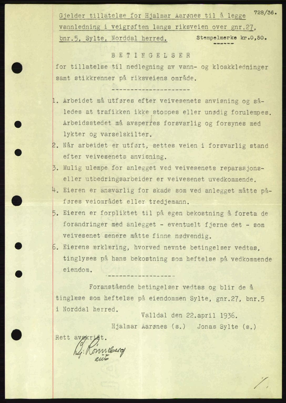 Nordre Sunnmøre sorenskriveri, AV/SAT-A-0006/1/2/2C/2Ca: Mortgage book no. A1, 1936-1936, Diary no: : 728/1936