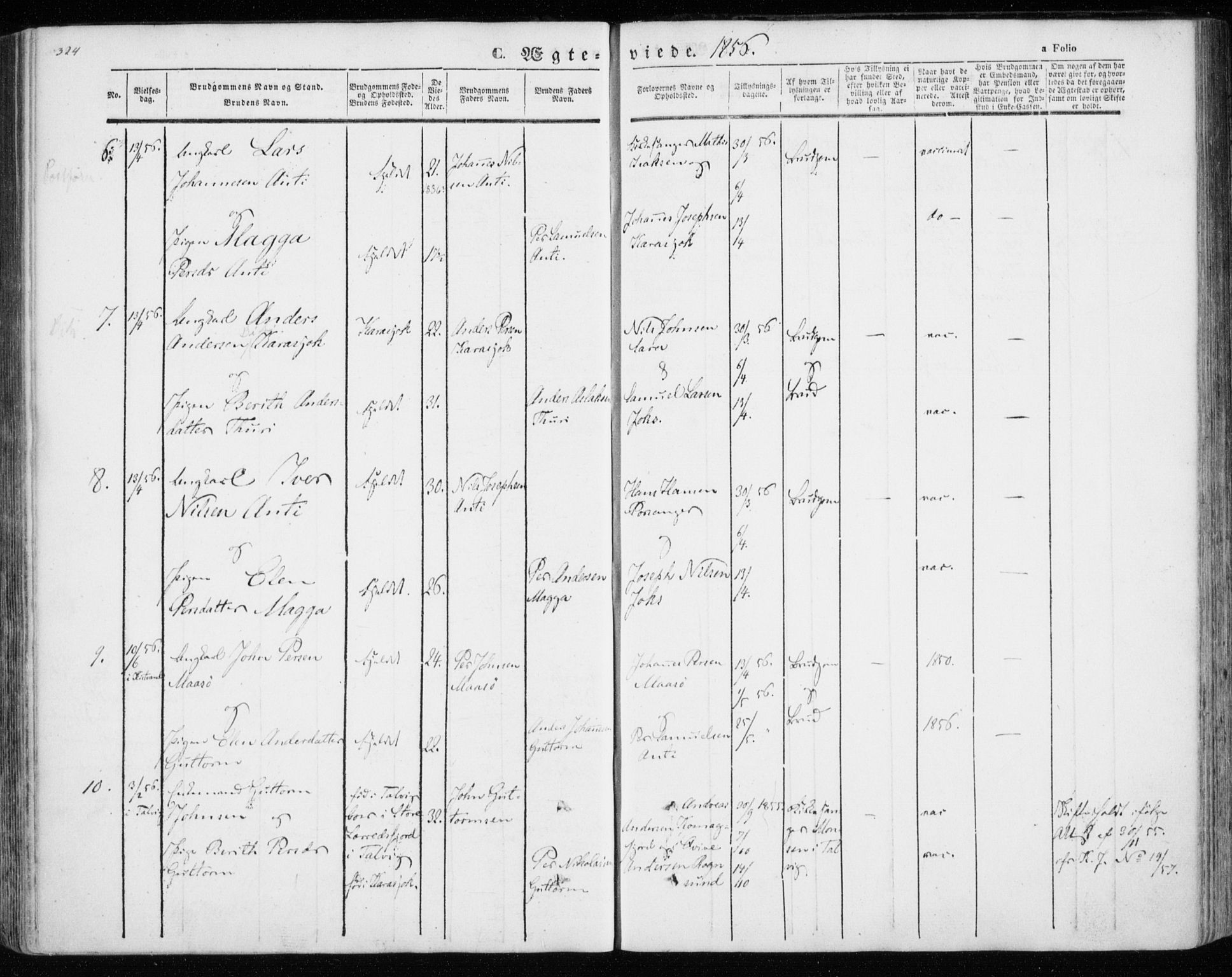 Kistrand/Porsanger sokneprestembete, AV/SATØ-S-1351/H/Ha/L0012.kirke: Parish register (official) no. 12, 1843-1871, p. 324-325